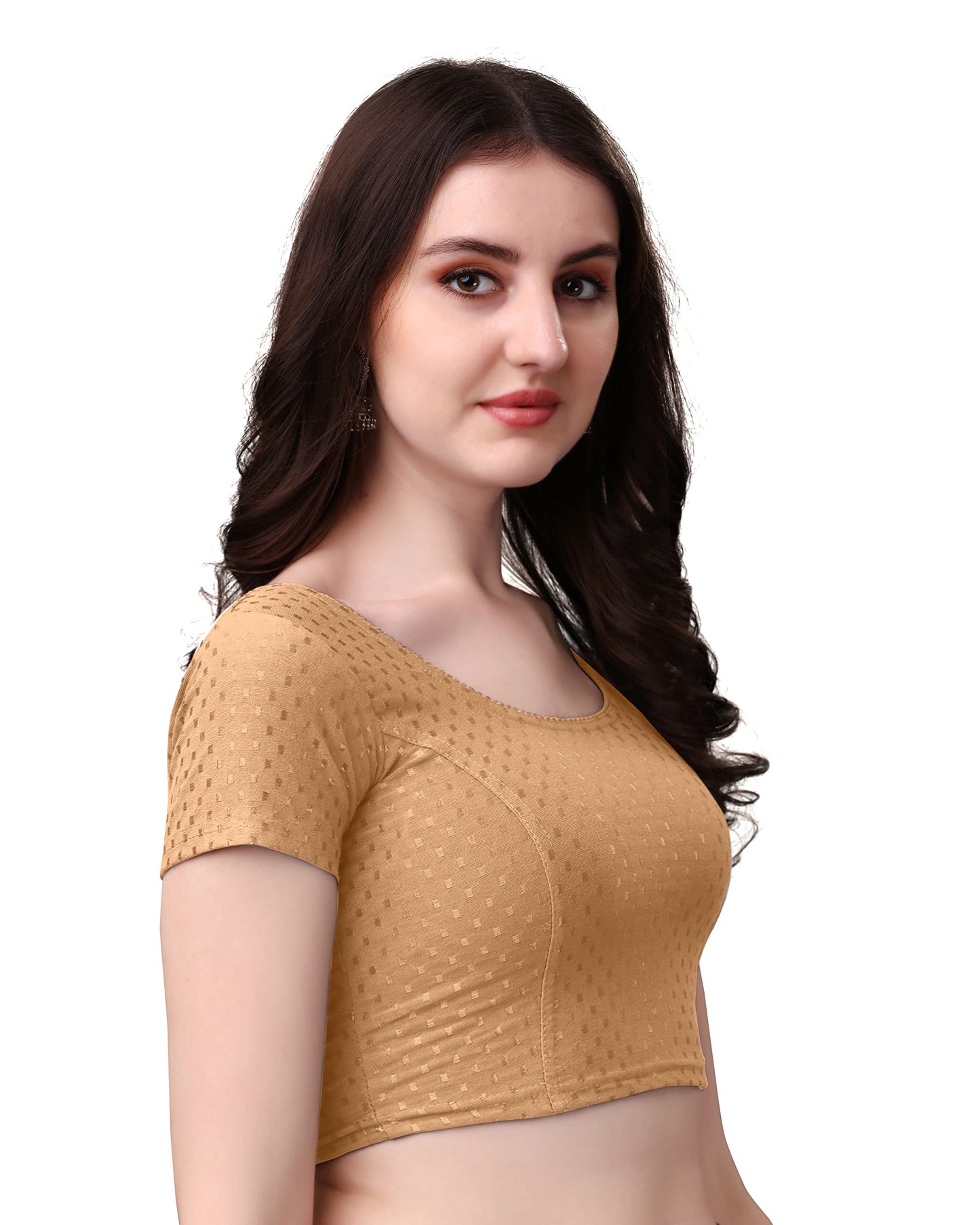 Kipzy Women's Cotton Stretchable Saree Blouse – Round Neck, Short Sleeves, Readymade Slim Fit Blouse for Women 40 Beige