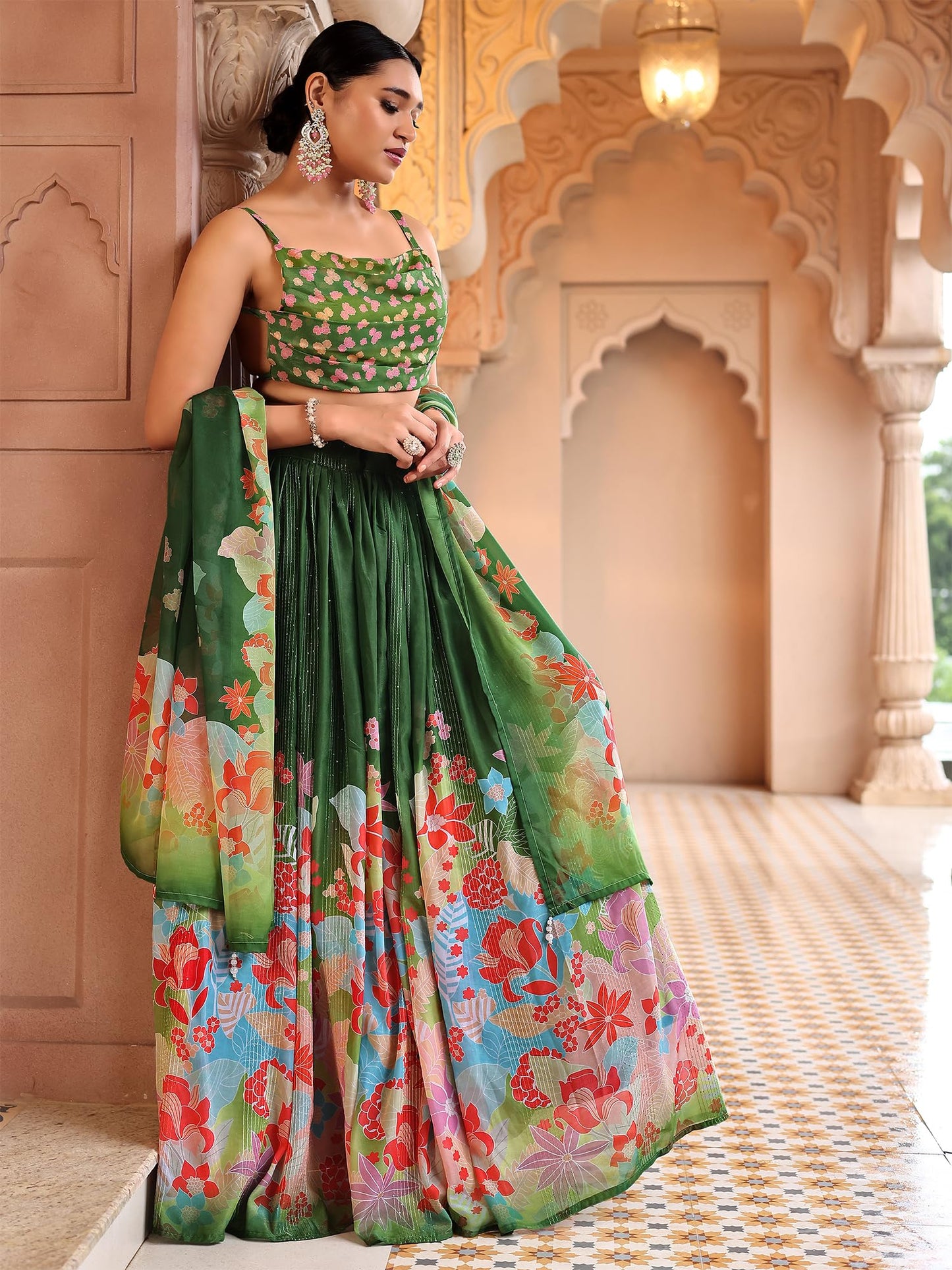 PURVAJA Women Georgette Semi-Stitched Lehenga Choli Set (Viana-Green Free Size)