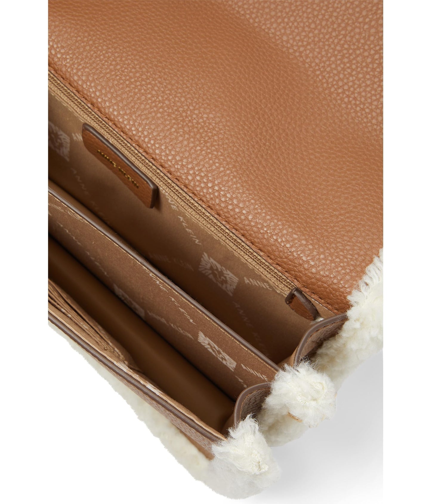 Anne Klein E/W Convertible Sherpa Flap Shoulder Bag with Turn Lock, Chestnut/Cream, One Size