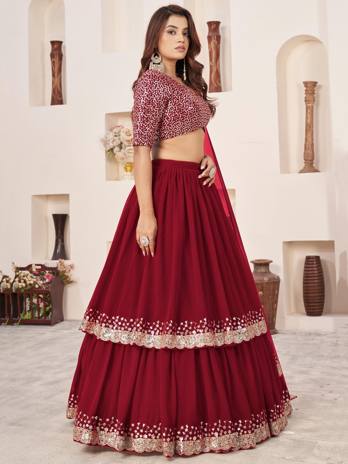 Zeel Clothing Women's Sequins Embroidered Georgette New Semi-stitched Lehenga Choli With Dupatta (5066-Maroon-Womens-Lehenga-Choli-Latest; Free Size)