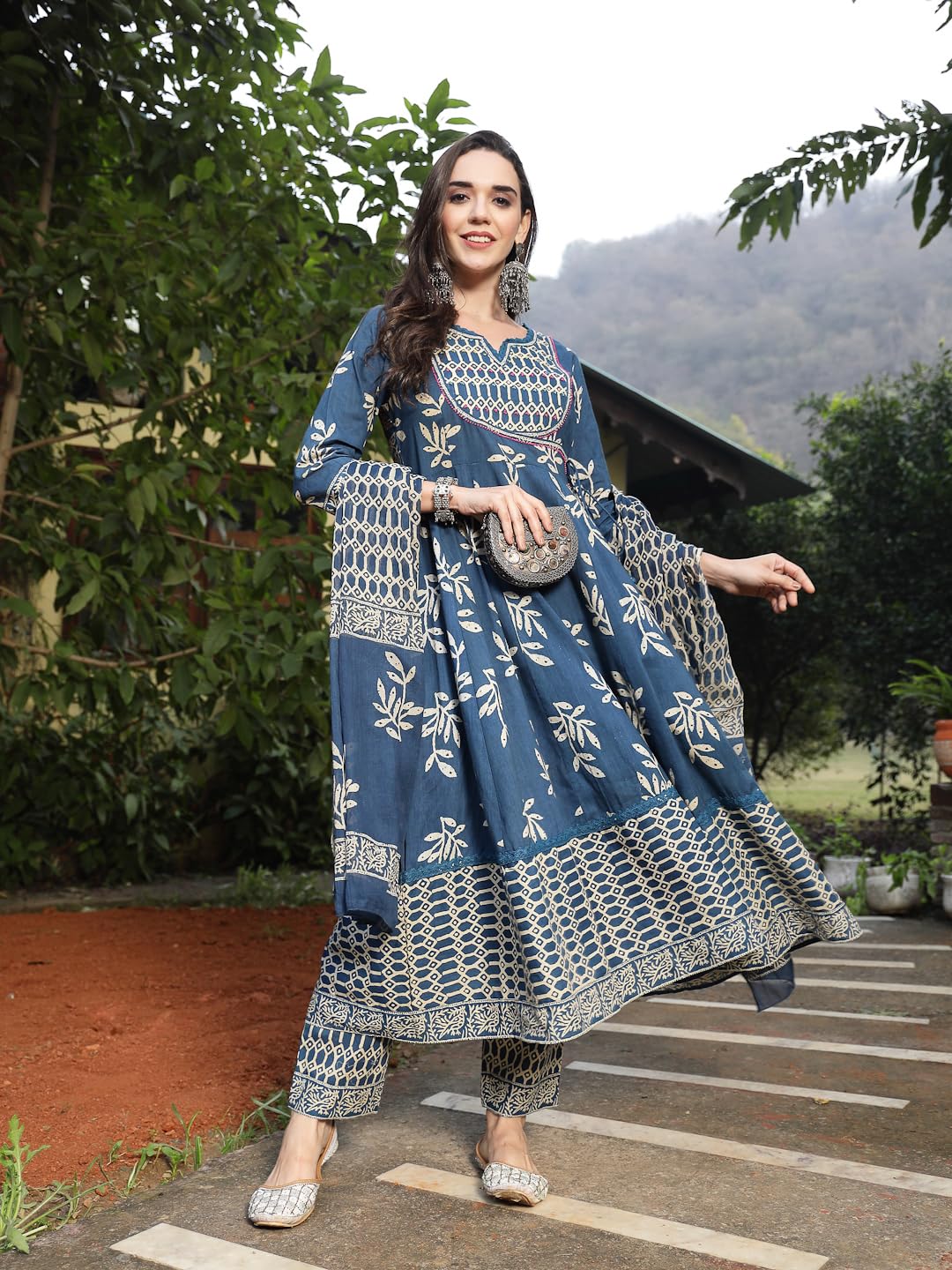 Stylum Women's Floral Printed Cotton Anarkali Kurta Pant Dupatta Set