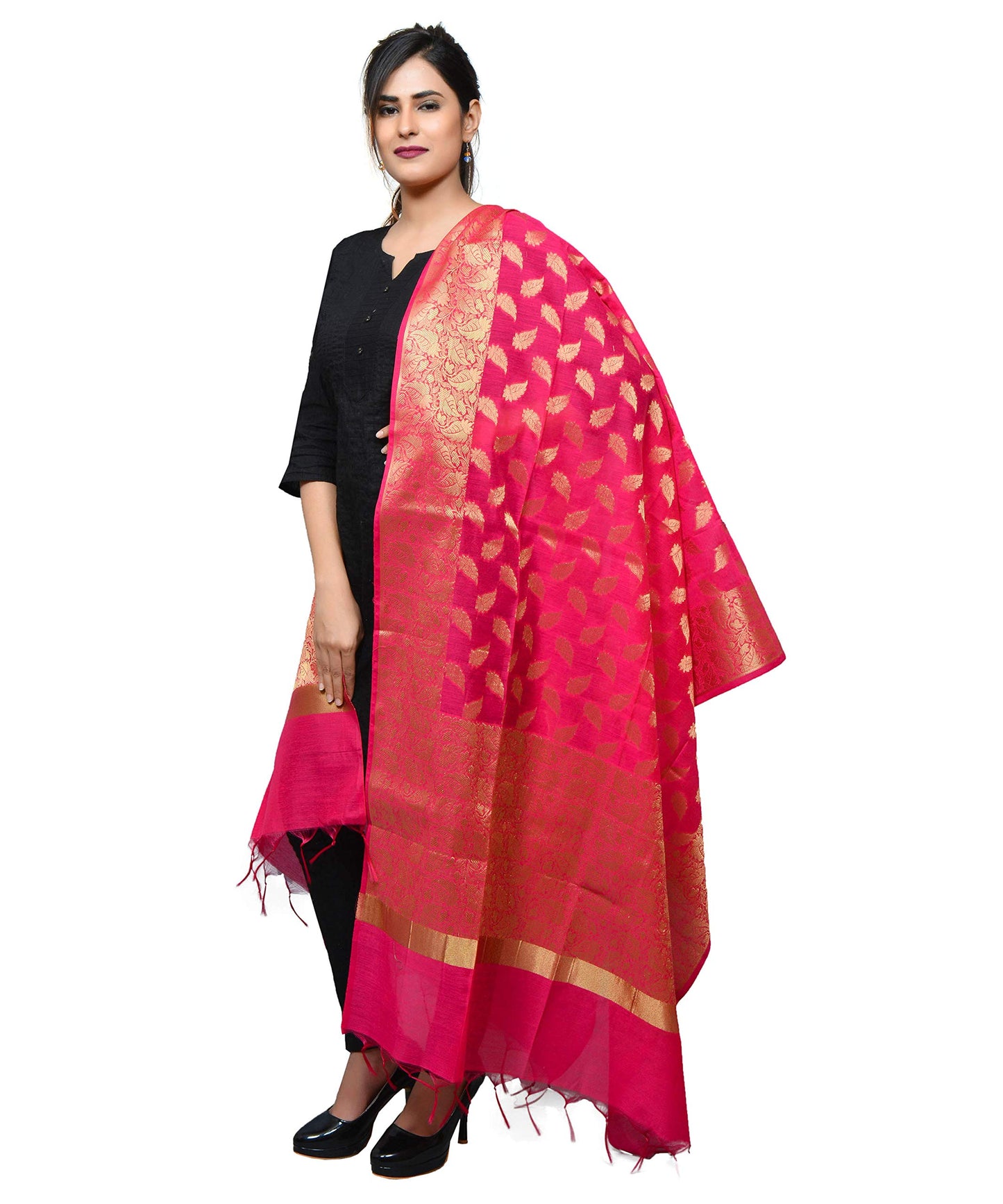 Banjara India Women's Kora Silk Banarasi Dupatta/Chunni (Pink)