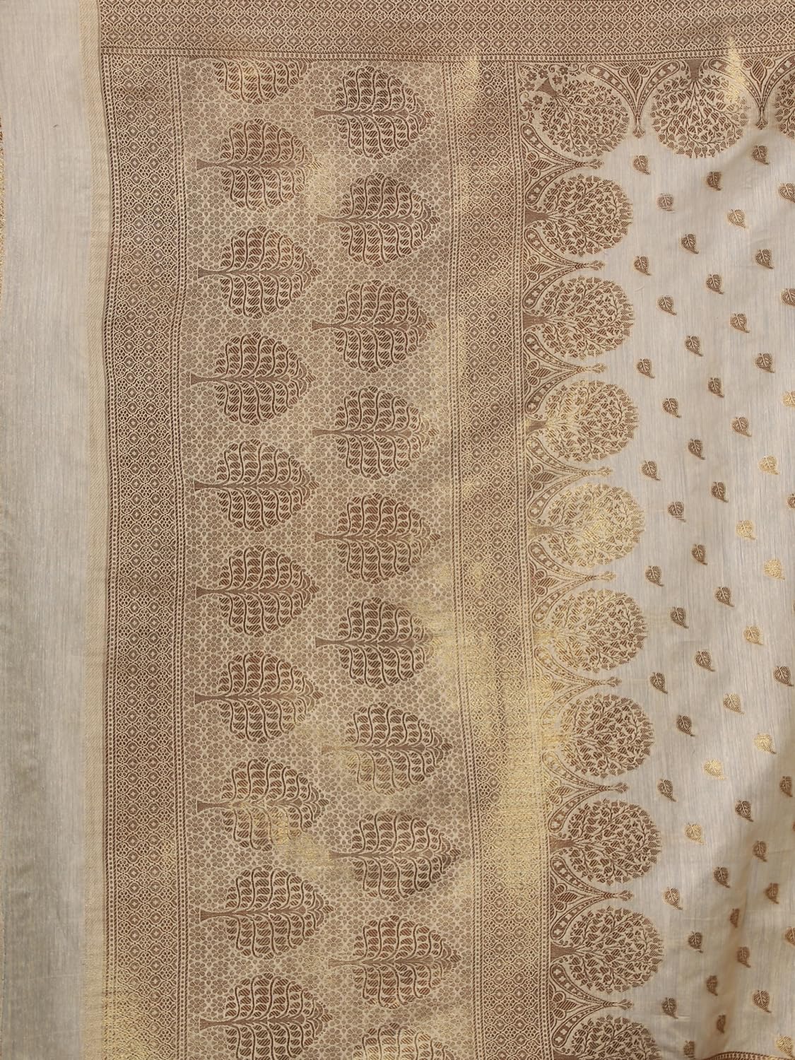 leeza store Women's Khaki Cotton Silk Blend Golden Zari Tree Pattern Border Rich Pallu Banarasi Saree With Blouse Piece