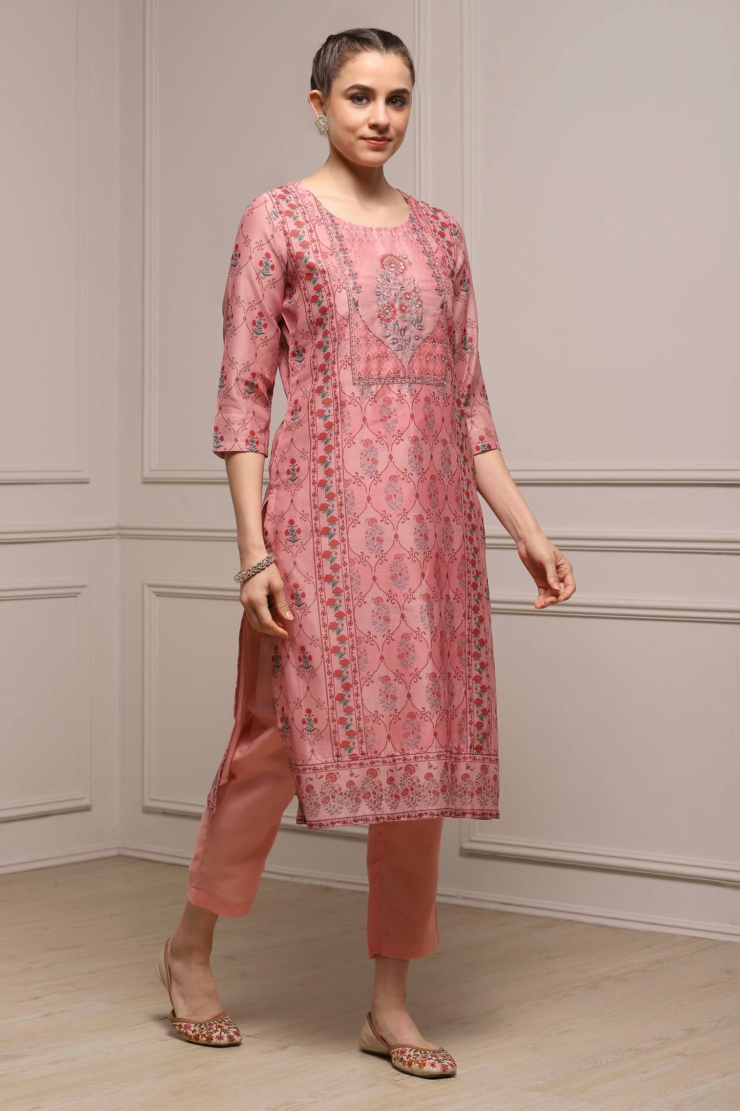 Biba Women Pink Chanderi Blend Printed Embroidered Unstitched Suit Set_FREE SIZE
