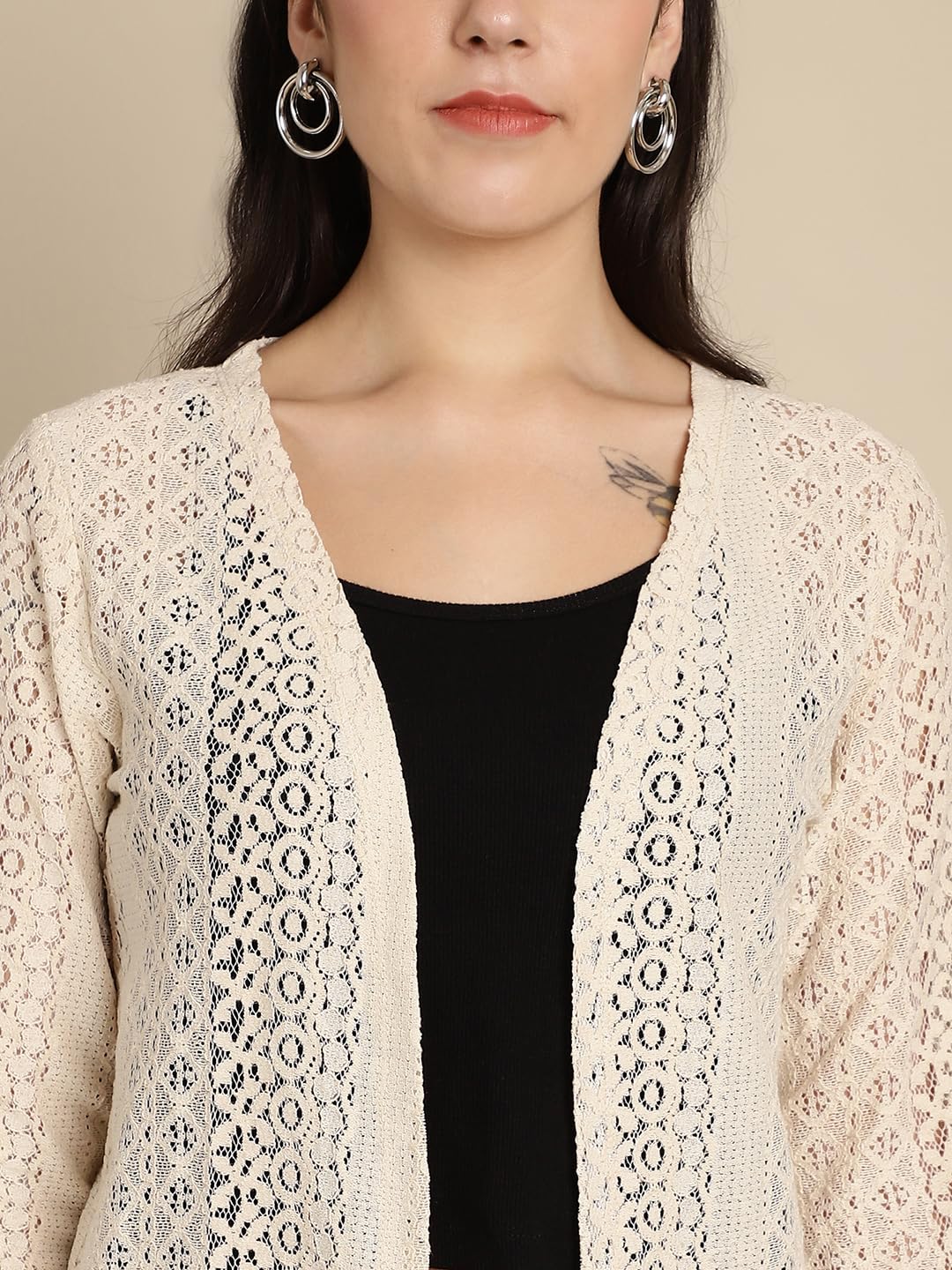 FineMe Women Trending Front Open | Cotton Self Designed 3/4th Sleeves Blazer Shrug 5XL Beige