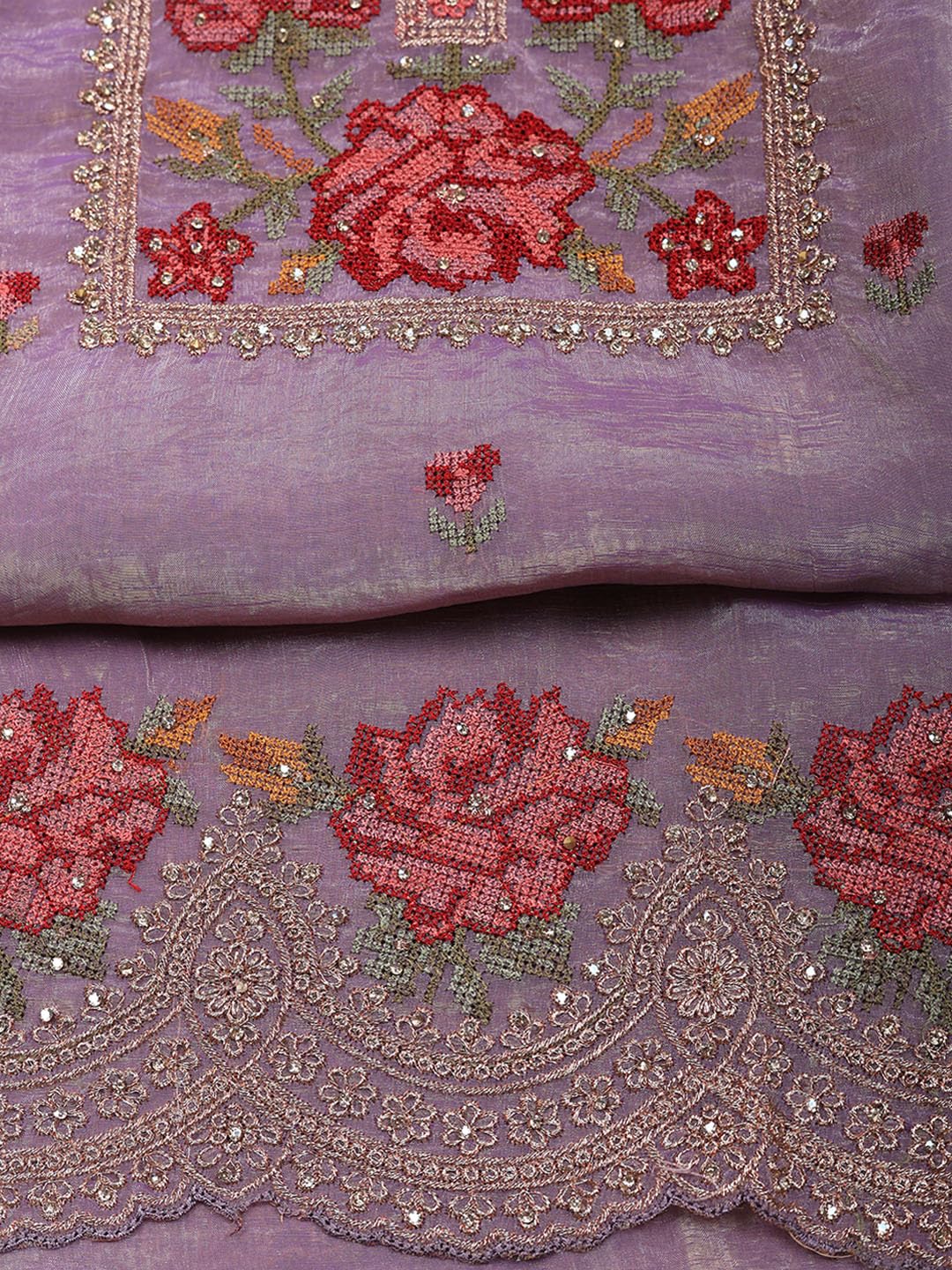 Meena Bazaar Purple Embroidered Tissue Unstitched Suit With Pant & Dupatta