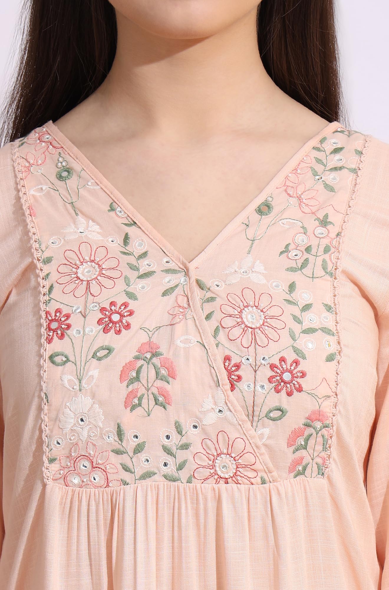 W for Woman Pastel Pink Thread Embroidered Gathered Swiss Dot Ethnic Top (Size: XS)-W31259-223088