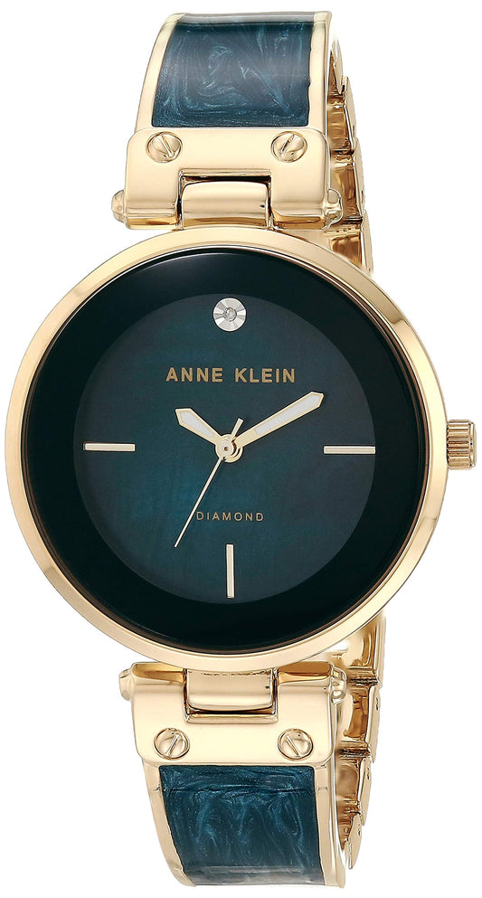 Anne Klein Women's AK/2512NVGB Diamond-Accented Gold-Tone and Navy Blue Marbleized Bangle Watch