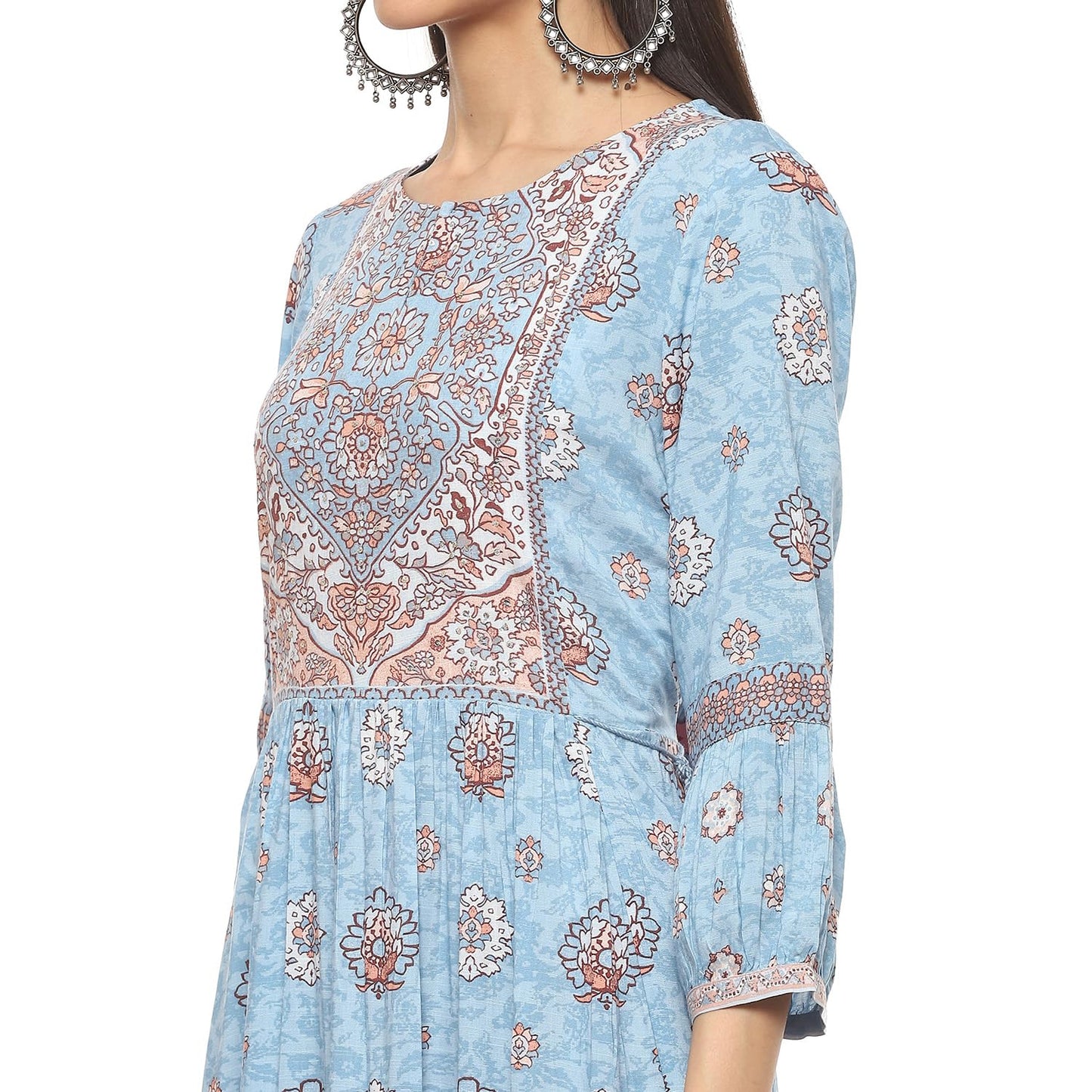 BIBA Women's Printed Tired Straight, Ankle Length Dress Mix and Match (Ribayat Collection2344_Sky Blue_32)