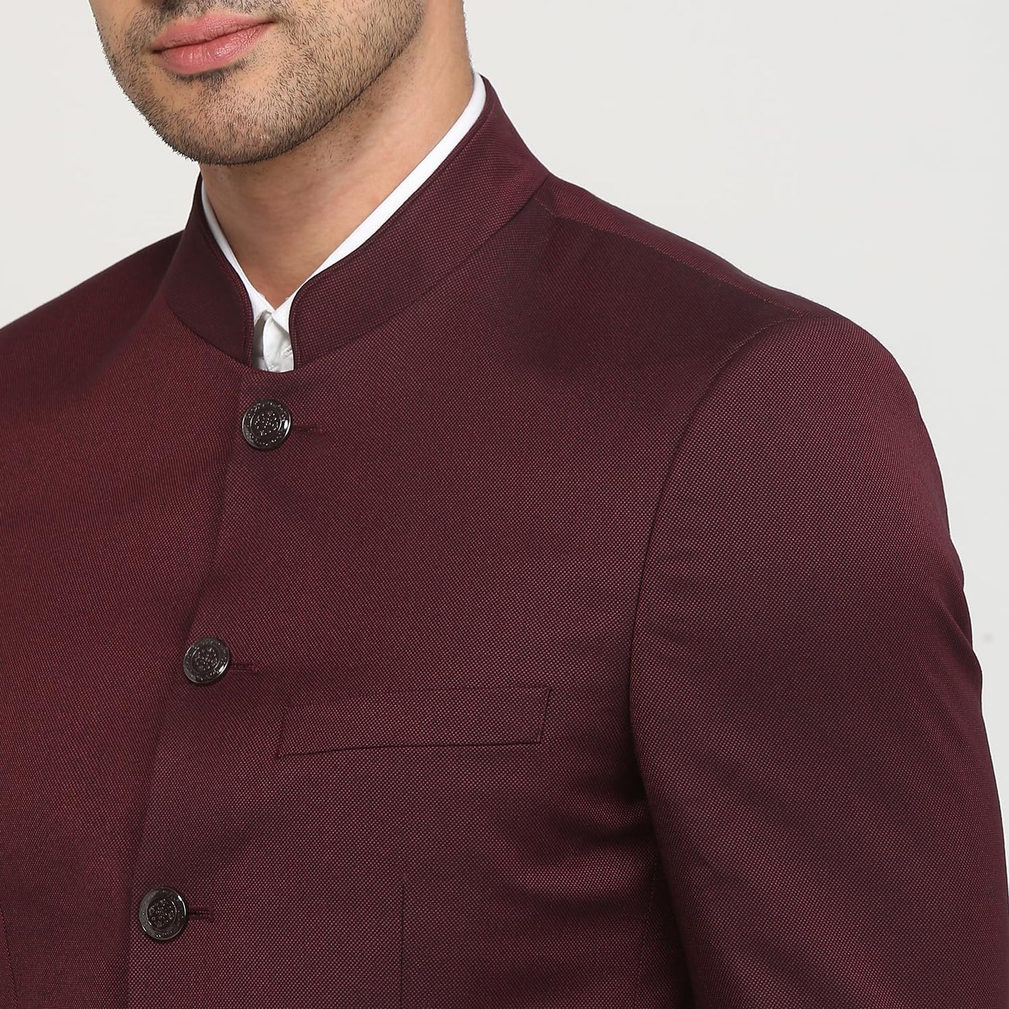 Raymond Men Regular Fit Solid Pattern Terry Rayon Blend Stand Collar Full Sleeve Ceremonial Jacket (Size: 40)-RIJI00129-M7 Dark Maroon