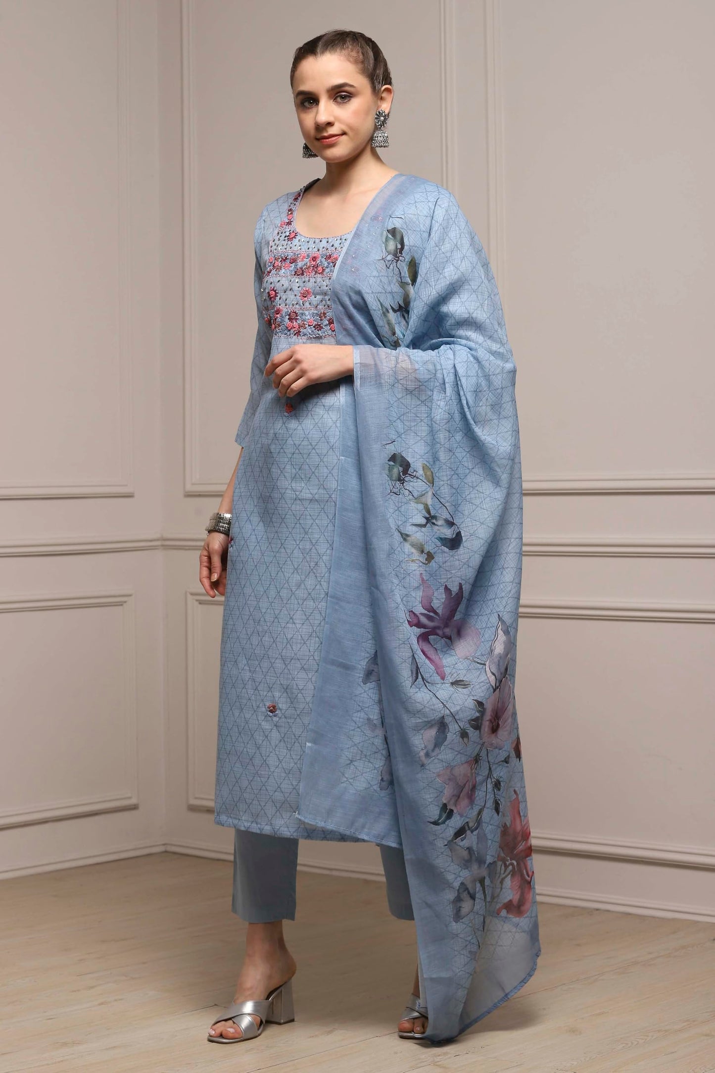Biba Women Blue Cotton Blend Hand Embroidered Unstitched Suit Set_FREE SIZE