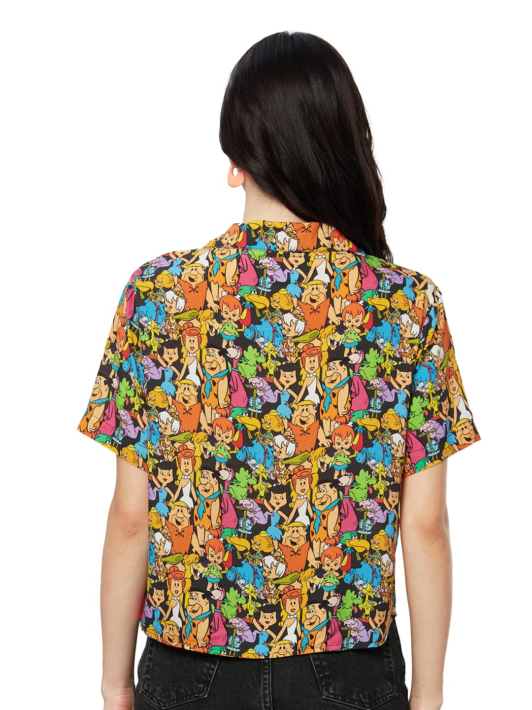 The Souled Store| Official The Flintstones: Gang Womens and Girls Shirts|Half Sleeve|Regular fit Graphic Printed|100% Rayon Black Color Women Hawaiian Shirts