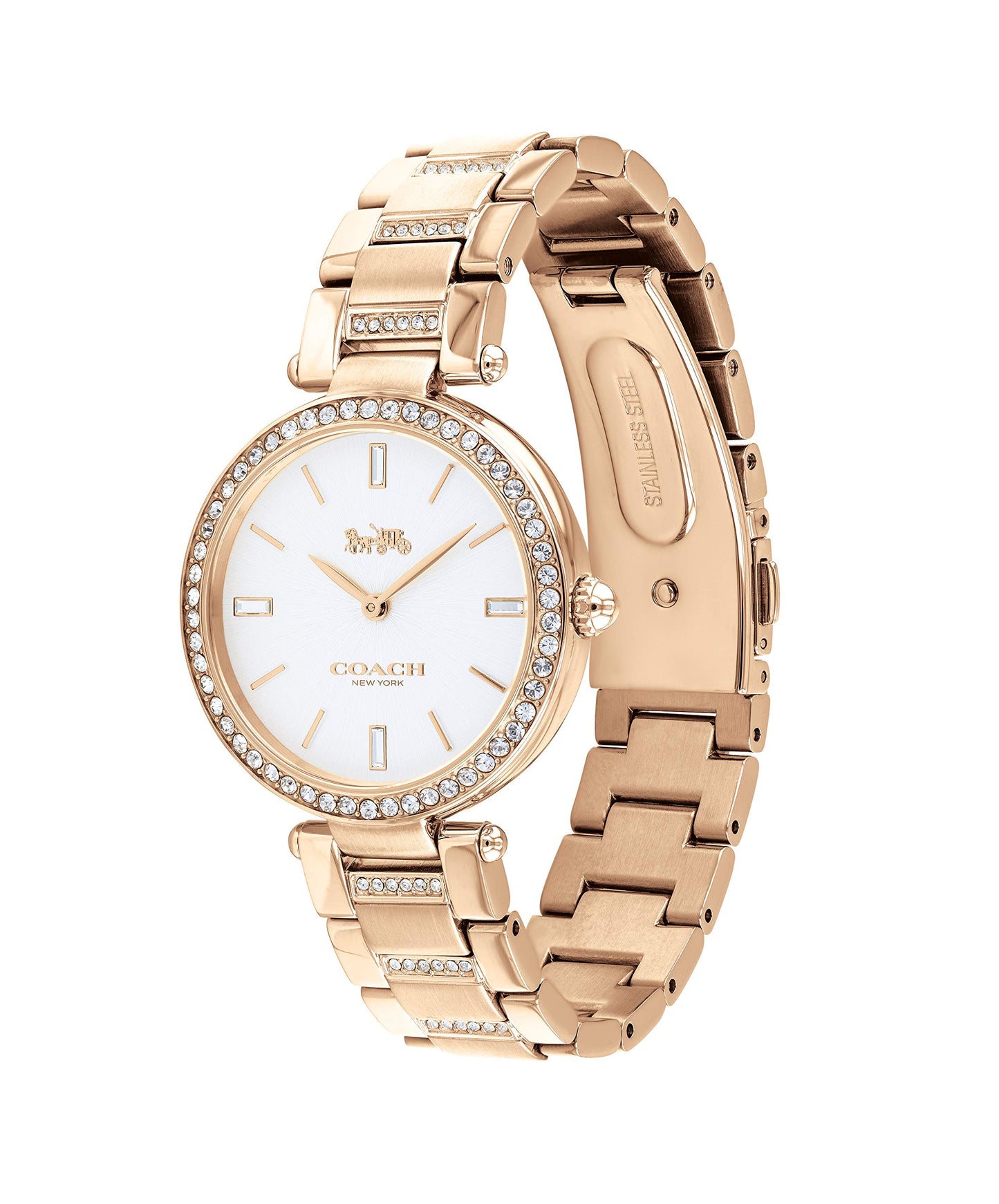 Coach Park Qtz Basic White Round Dial Women's Watch|Ionic Plated Carnation Gold Steel & Crystals Material|Gold Color Band - 14503094