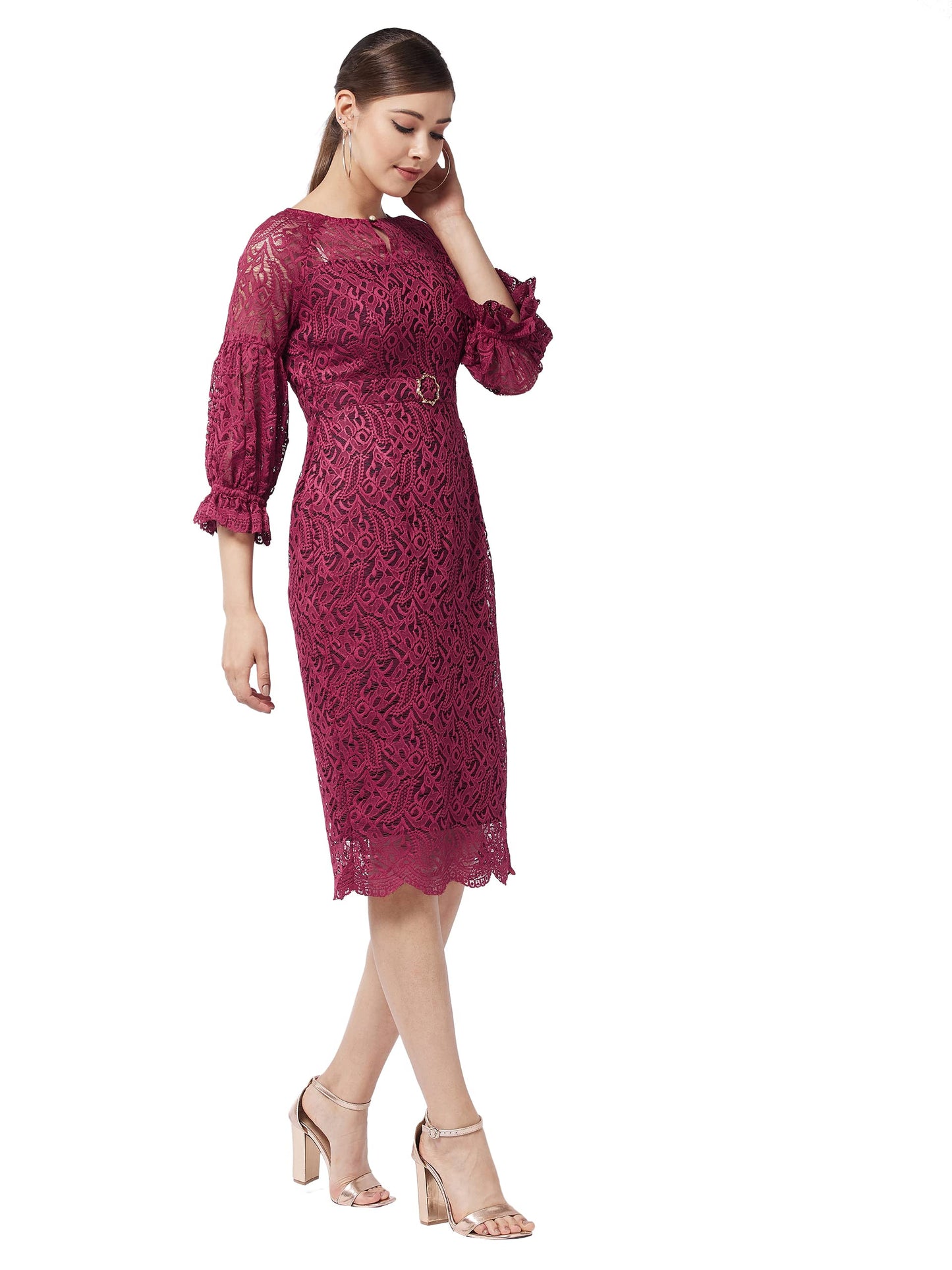 Miss Chase Women's Maroon Round Neck Puff Sleeve Floral Lace Overlaid Midi Dress(MCAW21D13-47-143-05,Maroon,L)