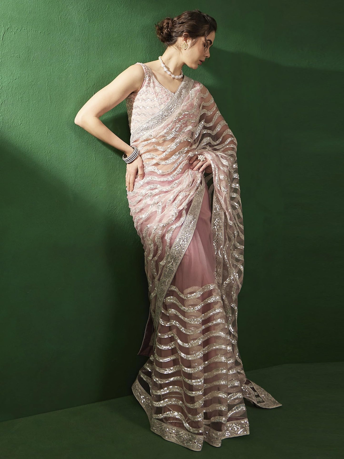 AKHILAM Women's Net Embellished Saree With Unstitched Blouse Piece(Pink_VEDNSHI2294A_VD)