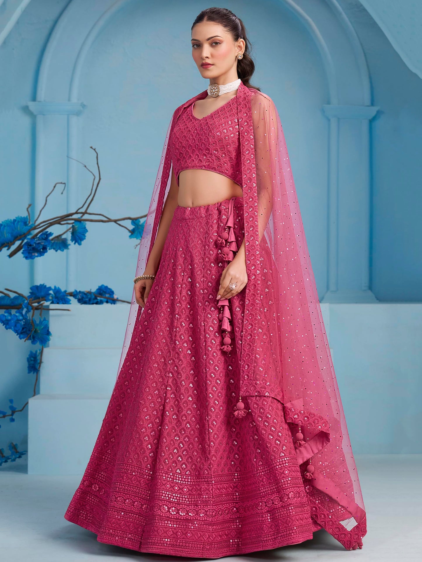 Zeel Clothing Women's Sequins Thread Embroidered Georgette Lehenga Choli With Dupatta (5124-Pink-Women-Lehenga-Choli-New; Free size) (Pink)