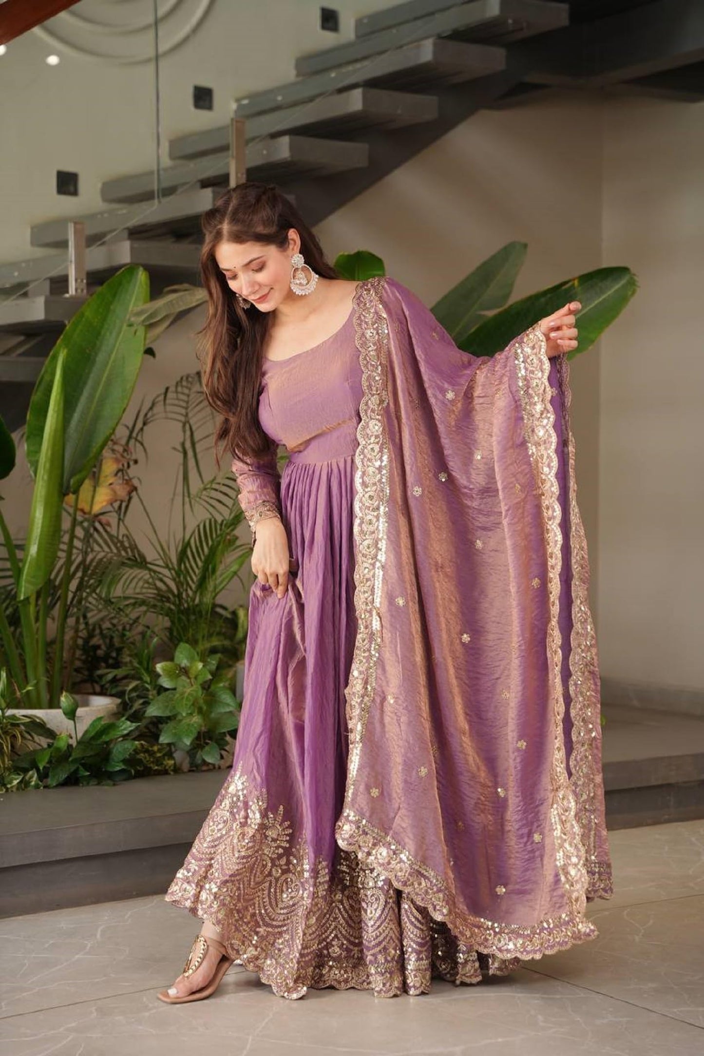 StyleSync Women Fandy Silk Anarkali kurta with Dupatta Embroidery Sequins Work Full Length Ethnic Wear for Festive Occasion (Mauve Purple, XXL)