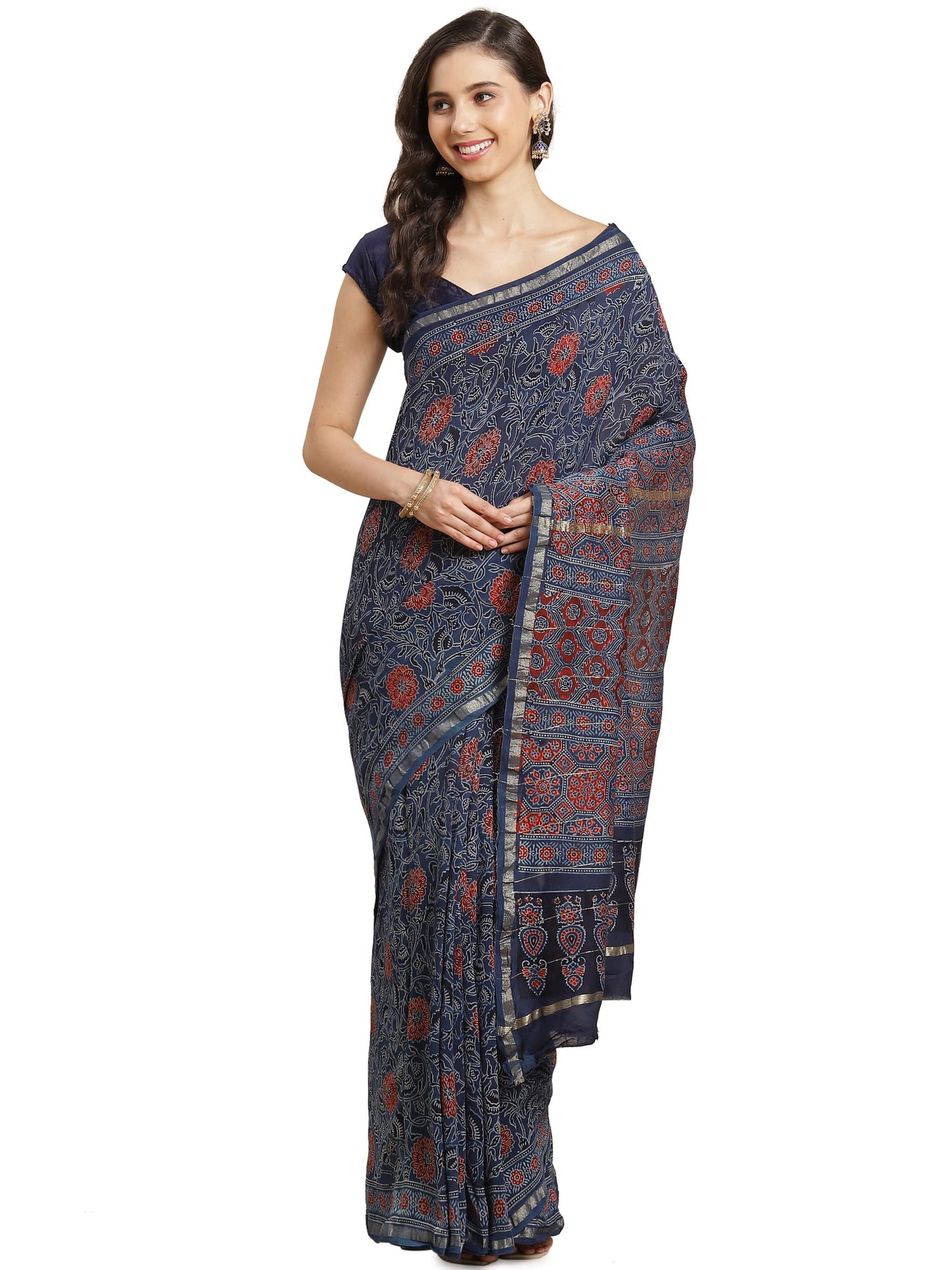 Aditri Women's Handloom Ajrakh on Chanderi Silk Saree with Running Blouse (Multicolored)