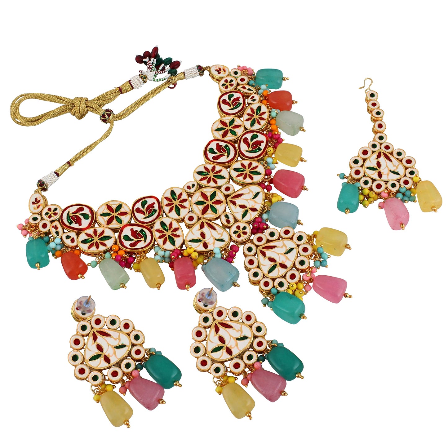Lucky Jewellery Back Meenakari 18k Gold Plated MultiColor Tika Earring Combo Jewellery Set Uncut Kundan Big Faux Kundan Choker Necklace Set For Girl's & Women (2935-M6SK-1674-MT)