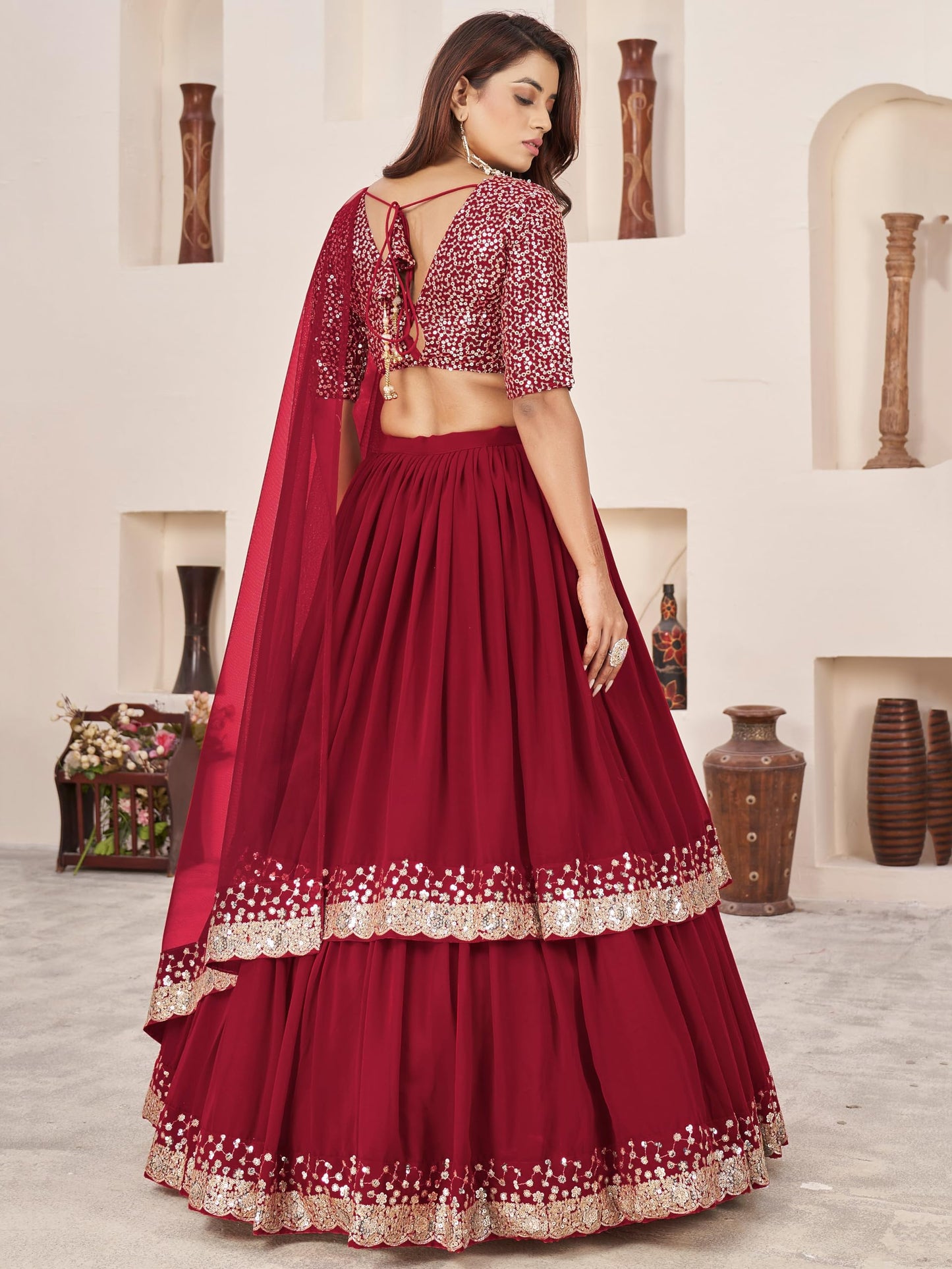 Zeel Clothing Women's Sequins Embroidered Georgette New Semi-stitched Lehenga Choli With Dupatta (5066-Maroon-Womens-Lehenga-Choli-Latest; Free Size)