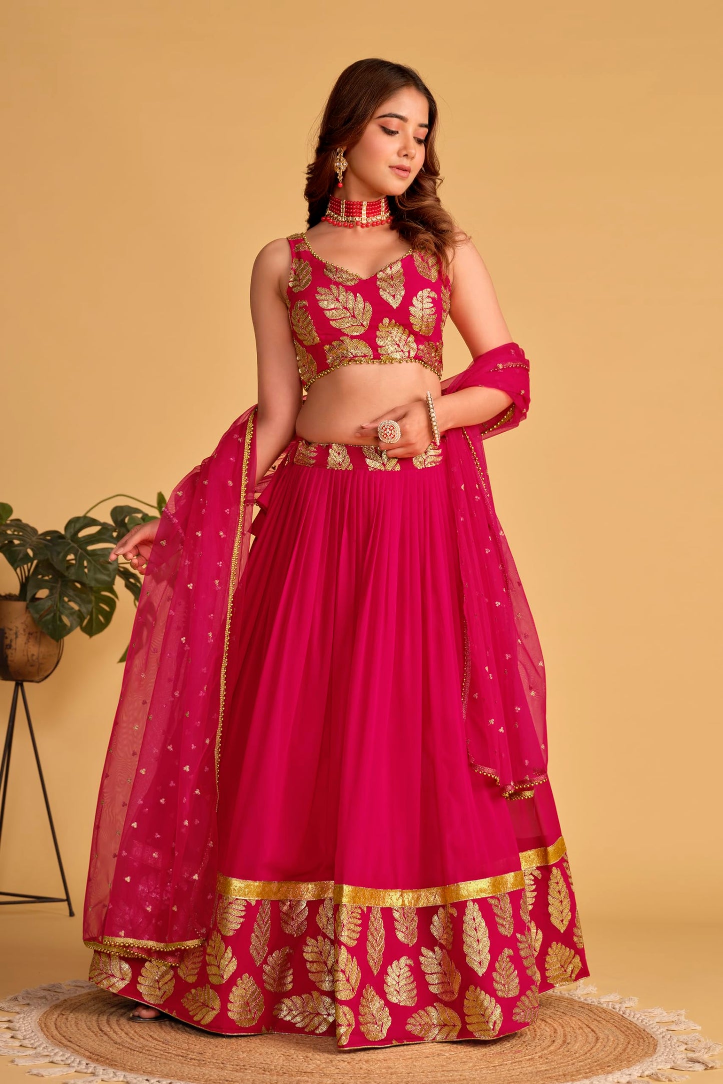 Fashion Basket Pink Georgette Jacquard Lehenga Choli for Women