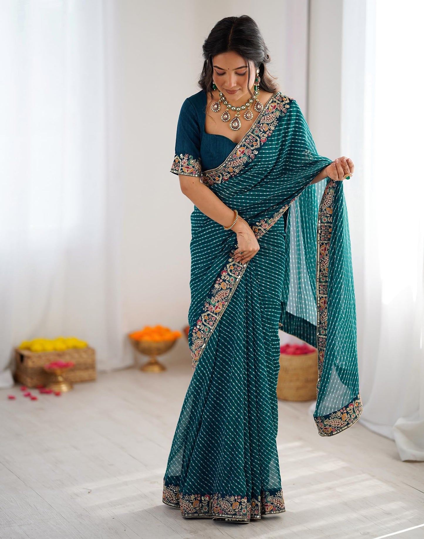 SIRIL Women's Georgette Leheriya Printed Sequence Embroidery Lace Saree With Embroidery Unstitched Blouse Piece (4863S194_Teal Blue)