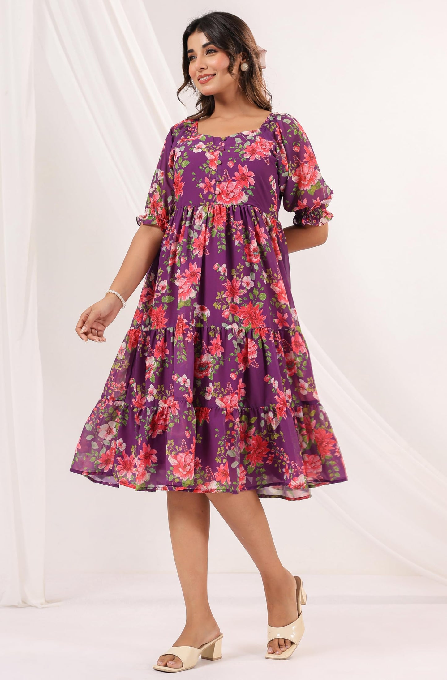 Janasya Women's Purple Georgette Floral Printed Tiered Dress (JAC24DR01628-L)