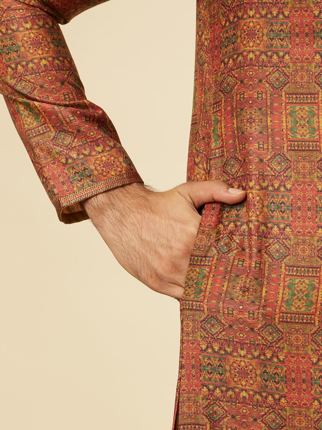 Manyavar Rust Blended Viscose Digital Print | Embroidery Kurta Pyjama Set