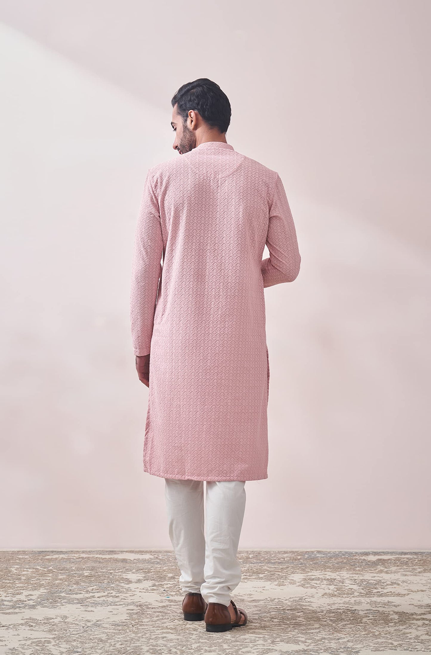 Manyavar Pink Blended Cotton Full Sleeve Kurta Set | Traditional Kurta Set For Men (M)