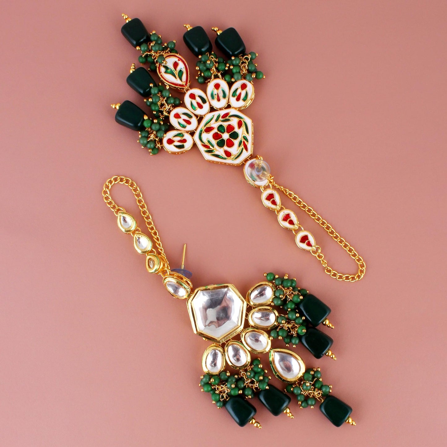 Lucky Jewellery Womens Back Meenakari 18k Gold Plated Green Color Tika Earring Combo Uncut Big Faux Kundan Choker Necklace Set (5910-M4SK-1574-G)