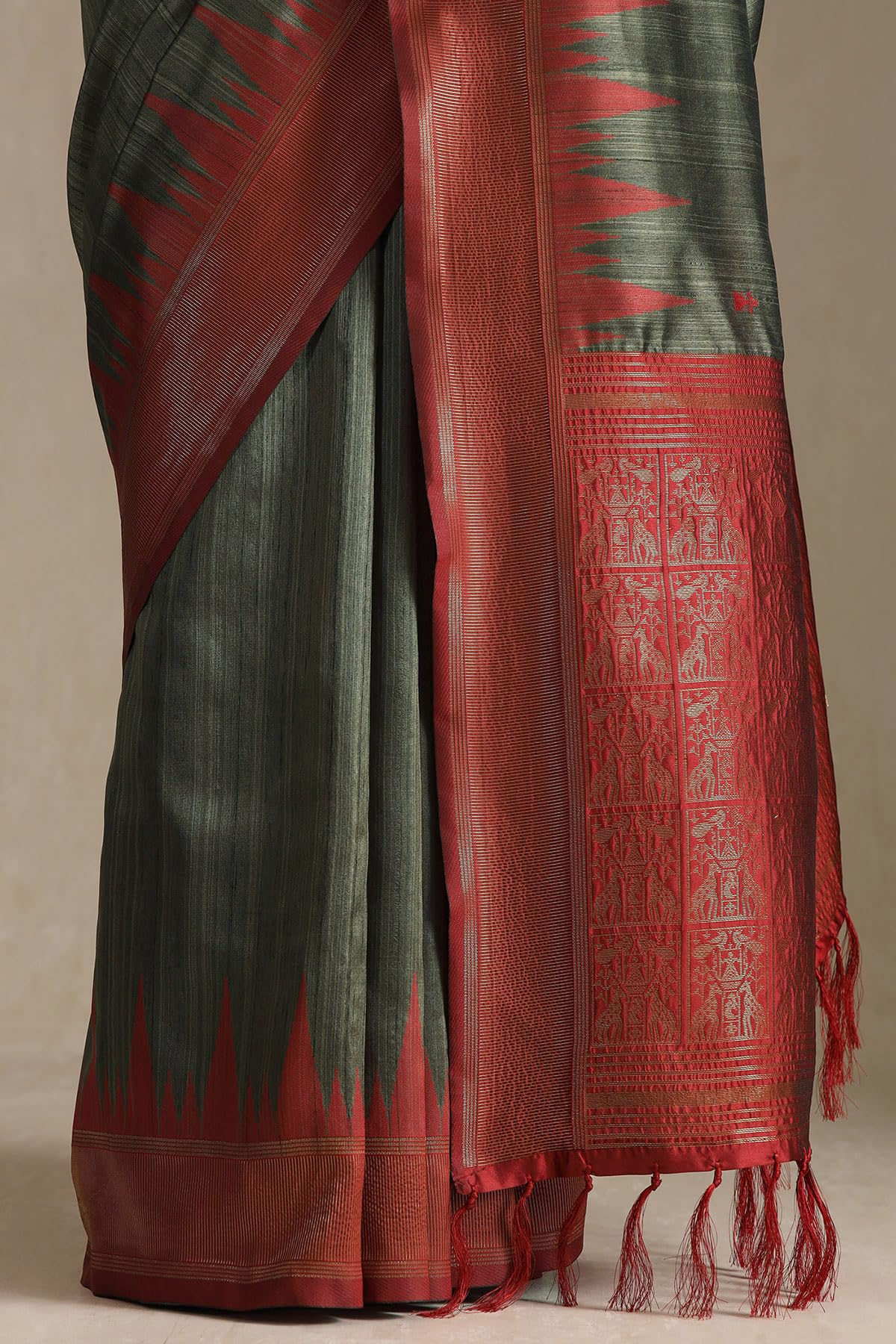 Soch Womens Olive Tussar Woven Design Saree