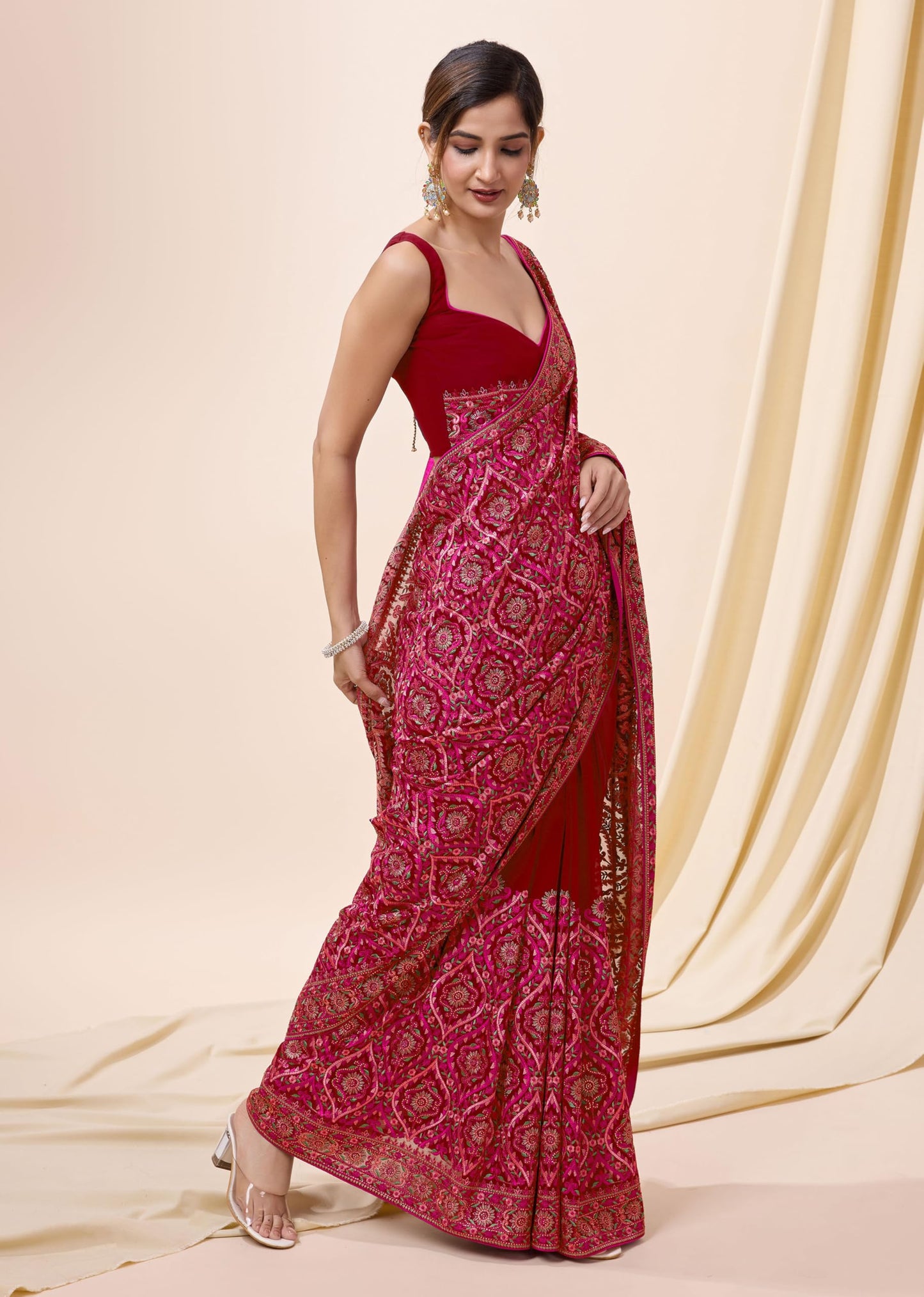 TRENDMALLS Women's Vichitra Silk Embroidery Work Saree with Unstitch Blouse Piece (K1088-Red)