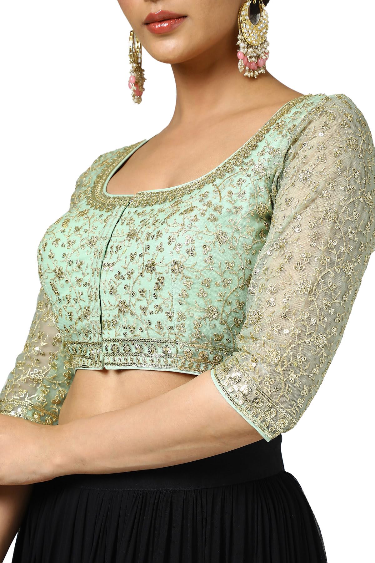 Soch Women's Net Embellished Short Sleeve Regular Fit Blouse (BLFSEMB00649_Green 38)
