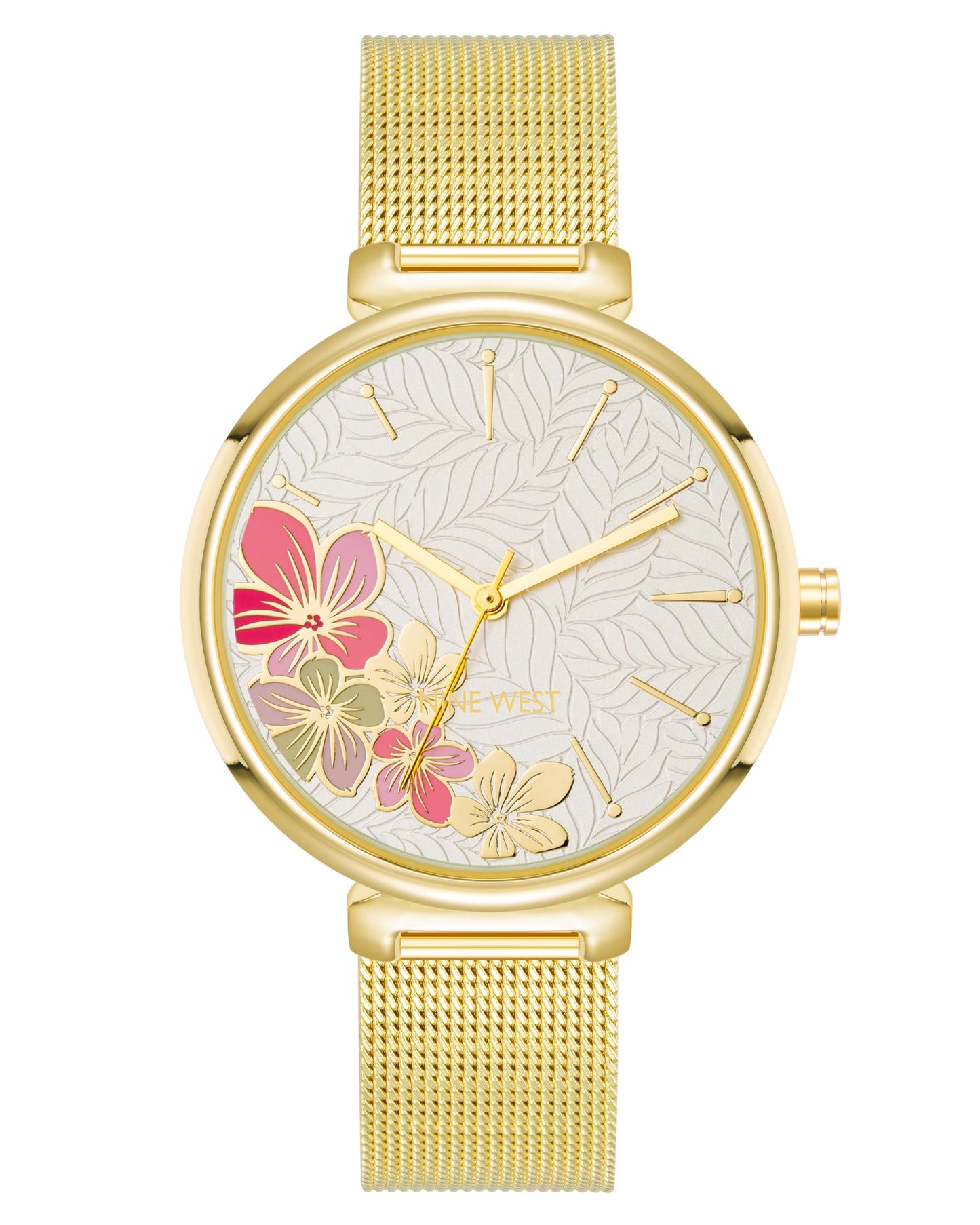 Nine West Women's Floral Dial Analog Watch, Gold-Tone Mesh Bracelet, Limited Movement, Scratch-Resistant, Mineral Crystal Lens