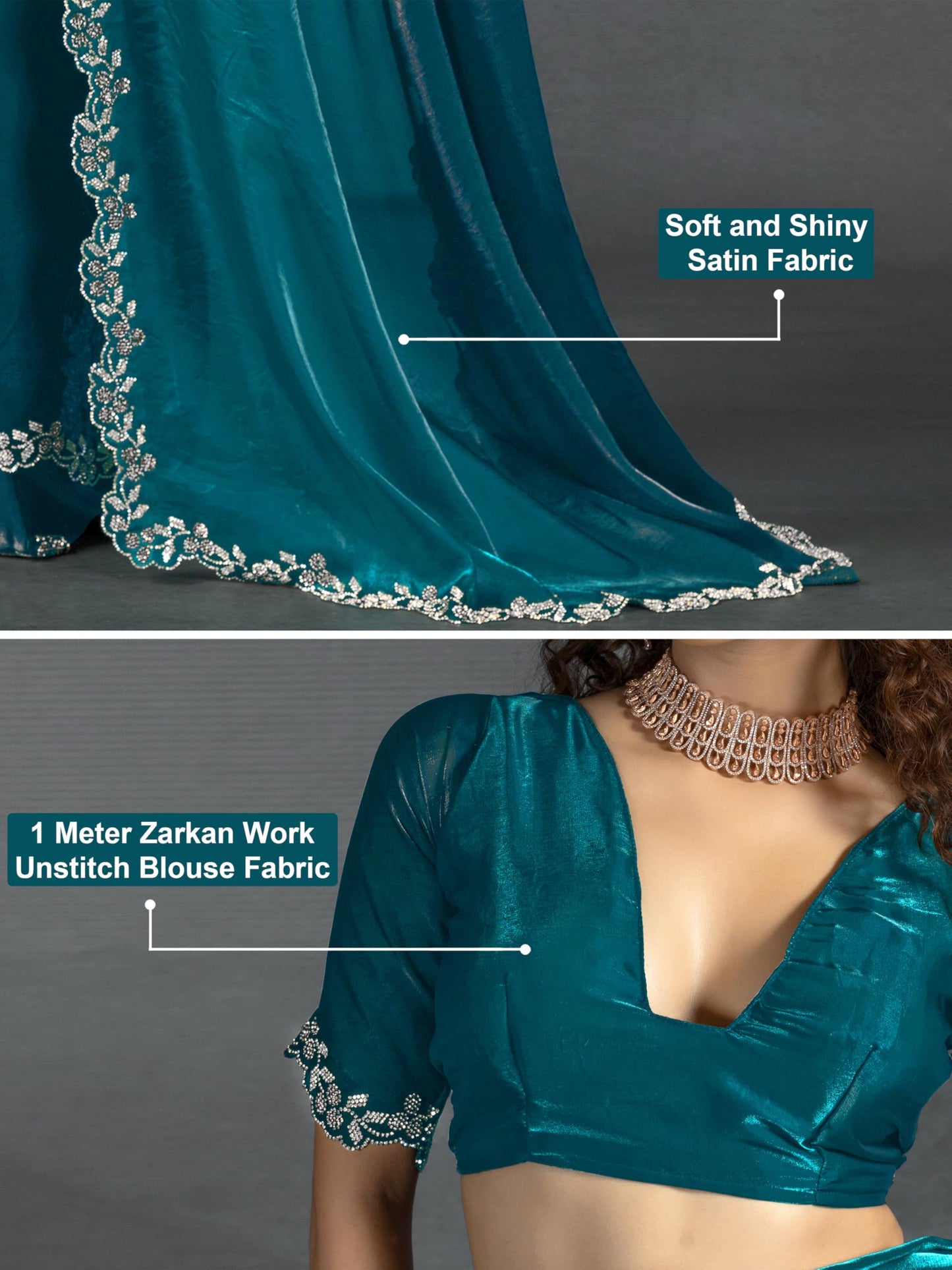 TRENDMALLS Women's Satin Zarkan Work Saree with Unstitched Blouse Piece (K1246-Morpeach)
