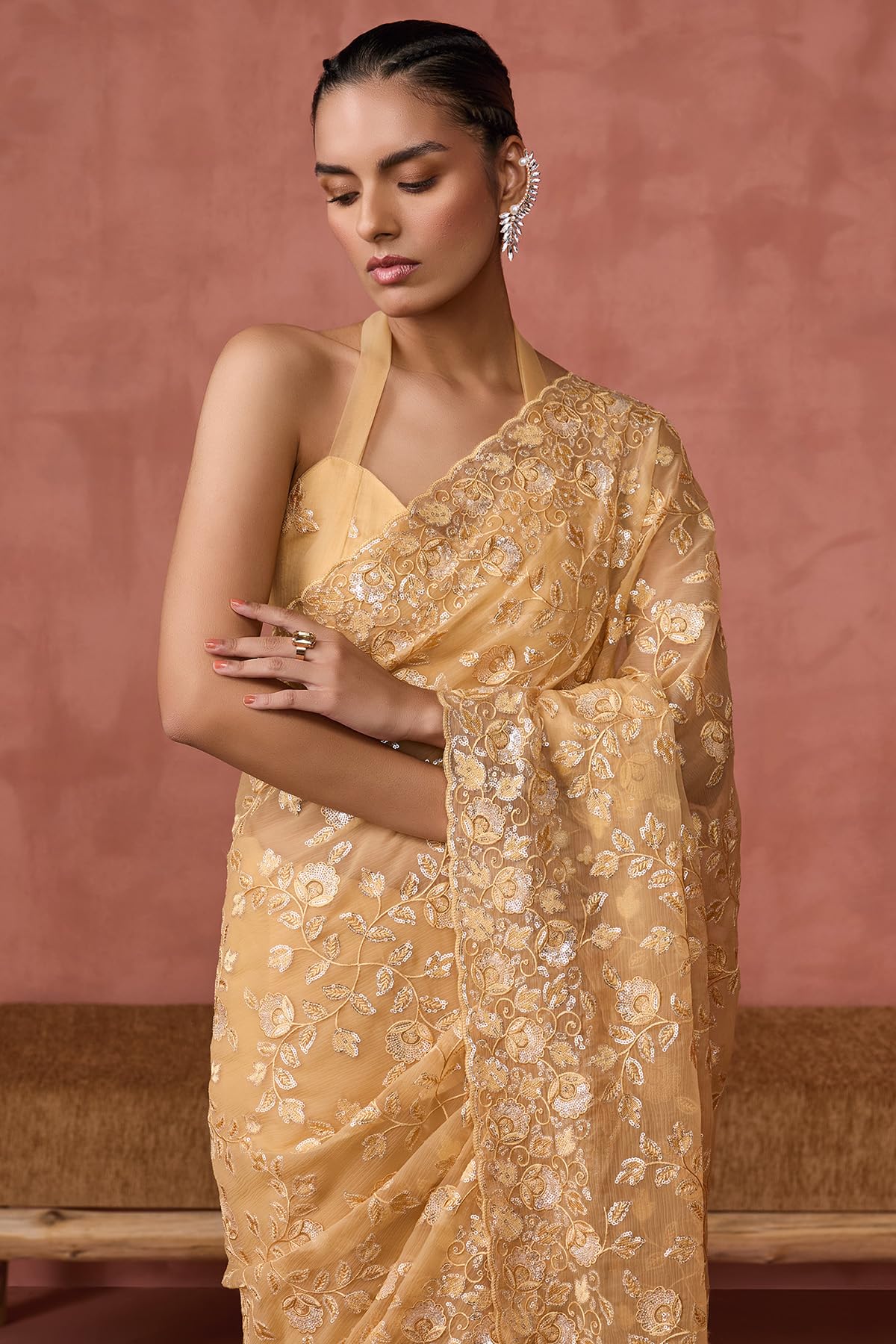 Soch Womens Yellow Georgette Embroidered Saree