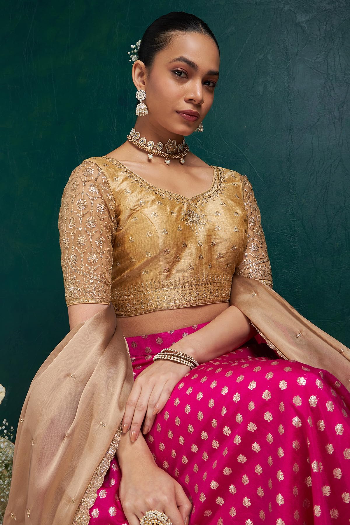 Soch Womens Gold Zari Embroidery Silk Blend Padded Blouse with Sequins