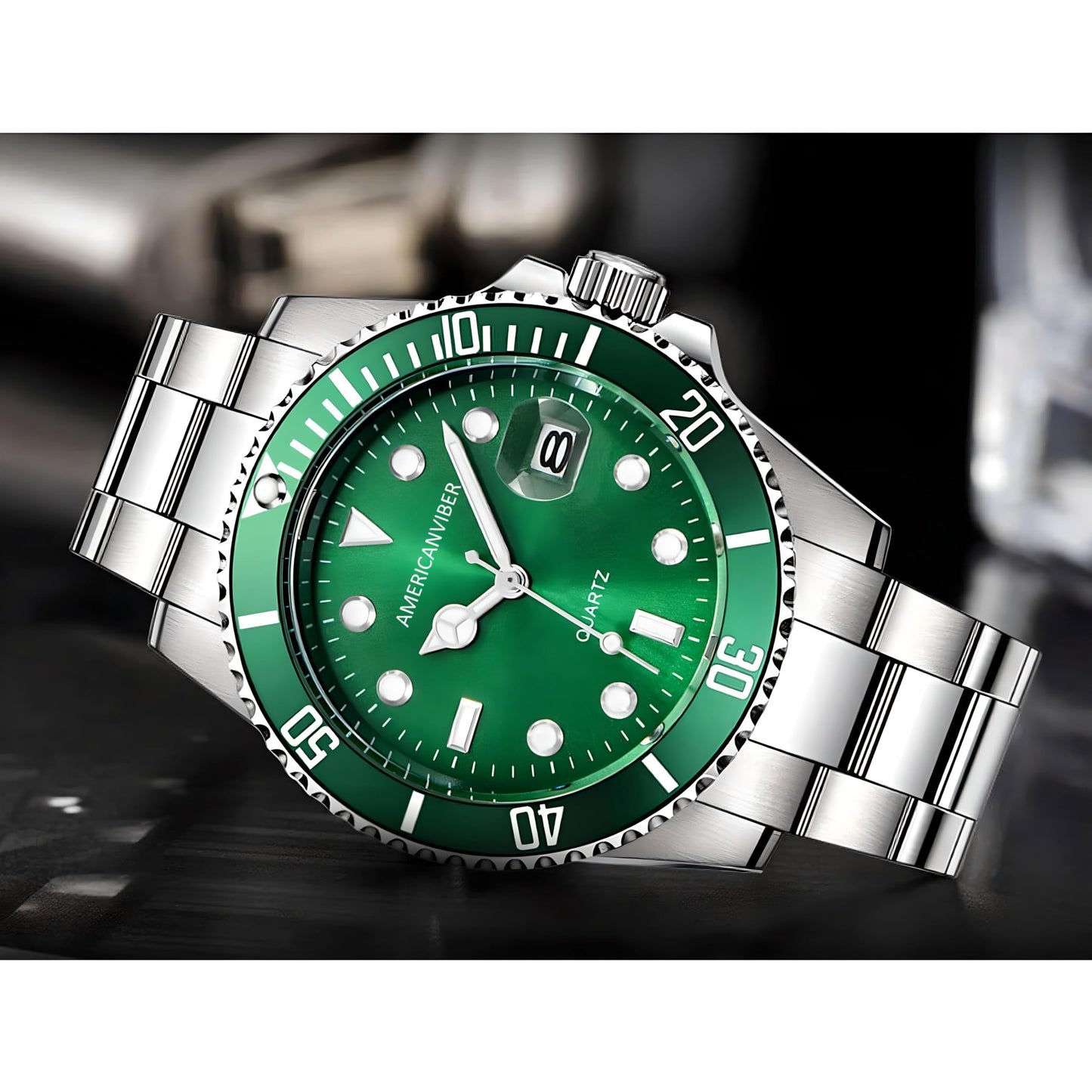 AMERICANVIBER Luxury Diver Watch with Green Dial, Stainless Steel Band, Date Display, Quartz Movement (Green)