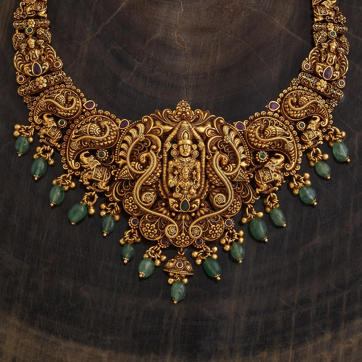 KUSHAL'S Fashion Jewellery Ruby-Green Gold Polished Antique Short Necklace With Push Back Jhumkas and Adjustable Chain for Bridesmaids, Necklace set for women - 435921