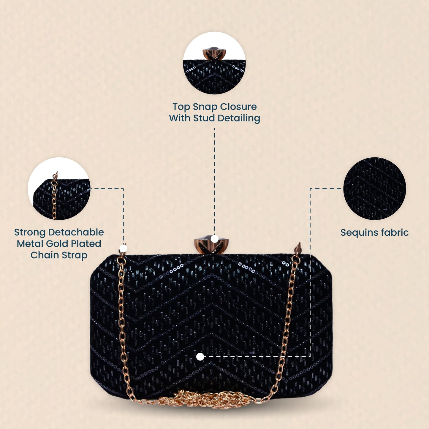 Artklim Black Based Sequins Embroidery Fabric Clutch Bag For Women With Detachable Chain