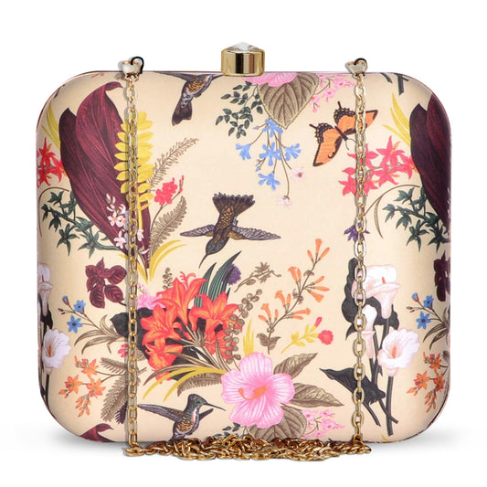 Artklim Beige Flower & Birds Print Hand Clutch for Women & Girls - Box Handbag with Chain Strap - Designer Evening Purse - for Wife