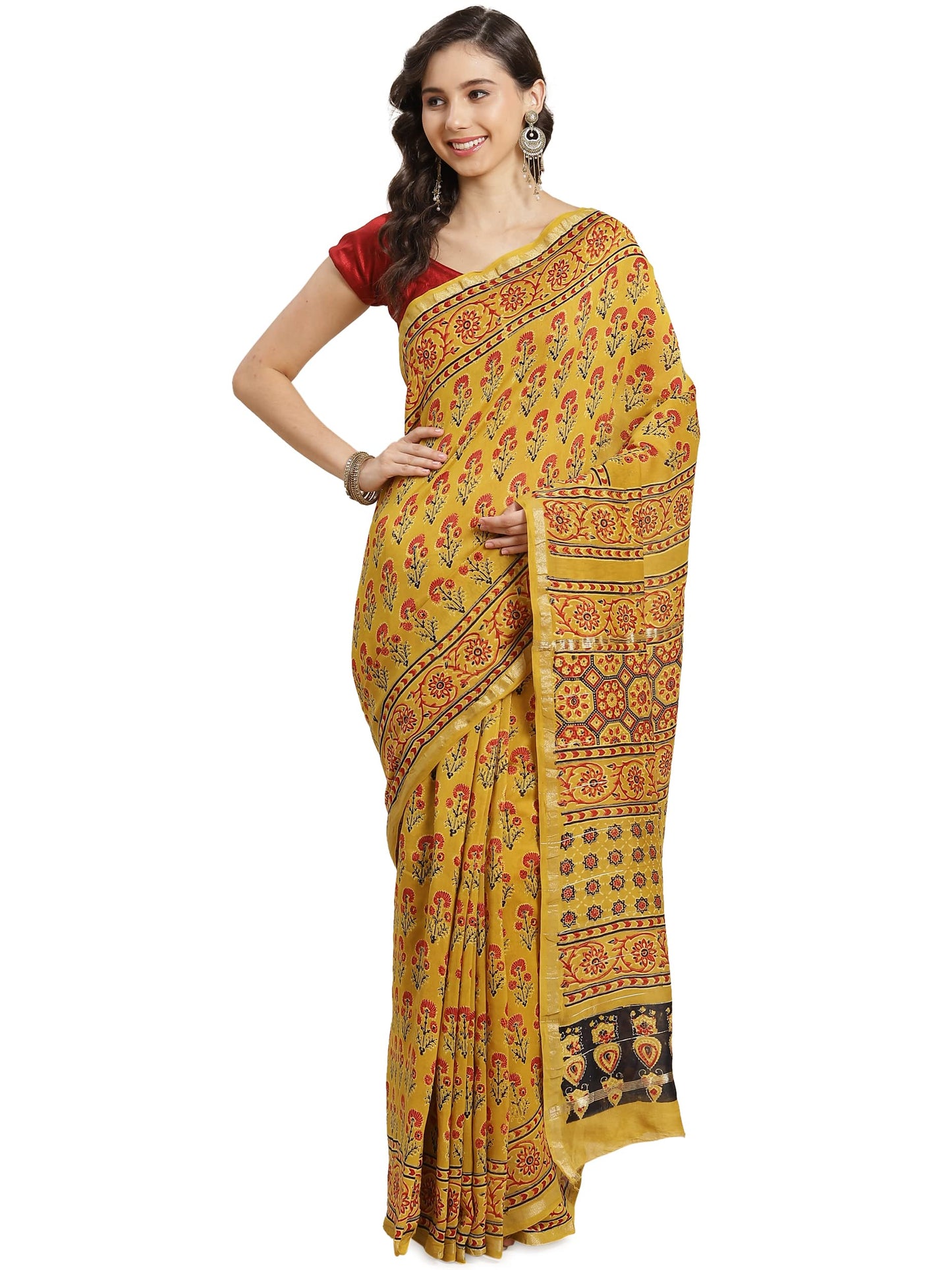 Aditri Women's Handloom Ajrakh on Chanderi Silk Saree with Running Blouse (Multicolored)