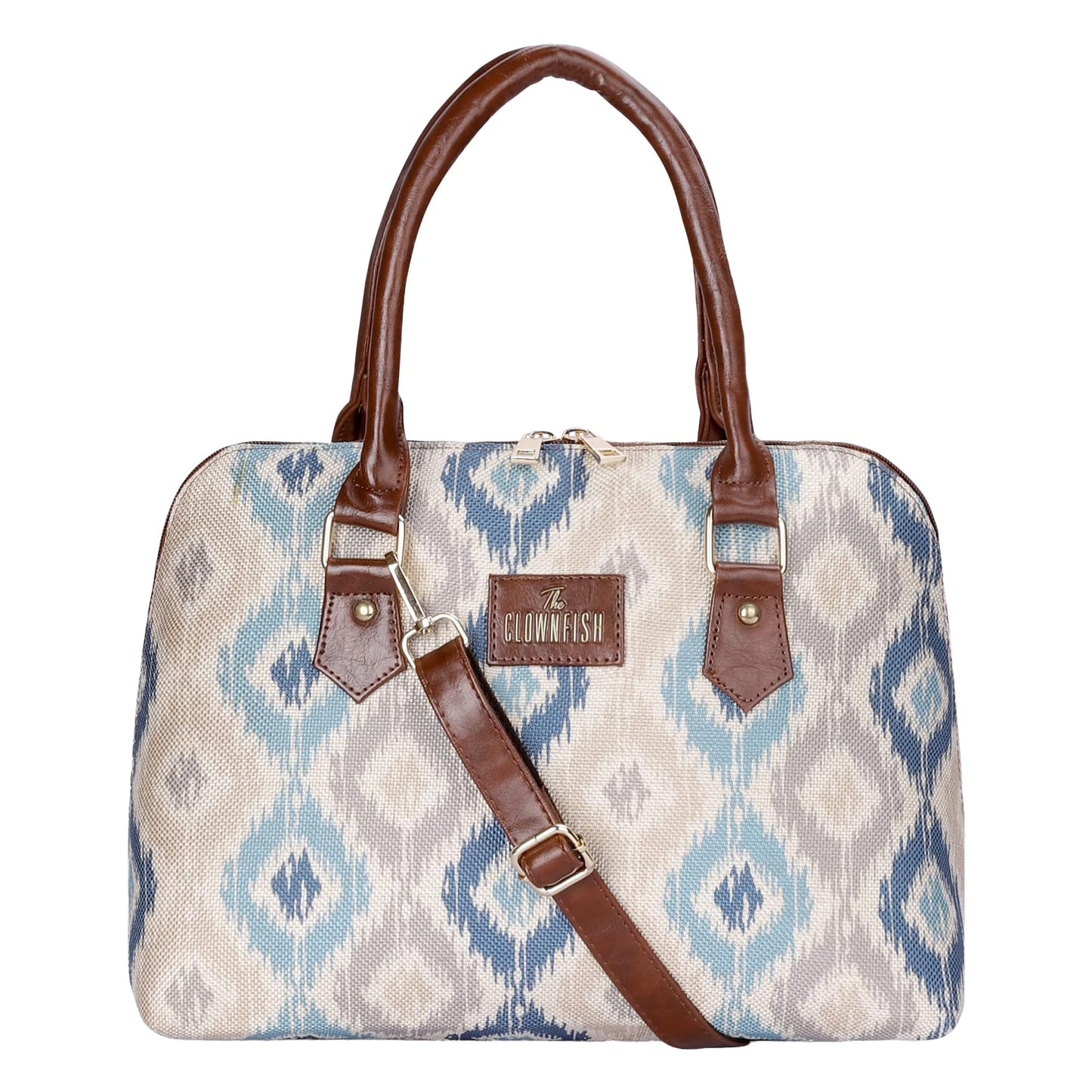 THE CLOWNFISH Montana Series Printed Handicraft Fabric & Faux leather Handbag for Women Office Bag Ladies Purse Shoulder Bag Tote For Women College Girls (Pearl with Patola Design)