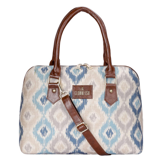 THE CLOWNFISH Montana Series Printed Handicraft Fabric & Faux leather Handbag for Women Office Bag Ladies Purse Shoulder Bag Tote For Women College Girls (Pearl with Patola Design)