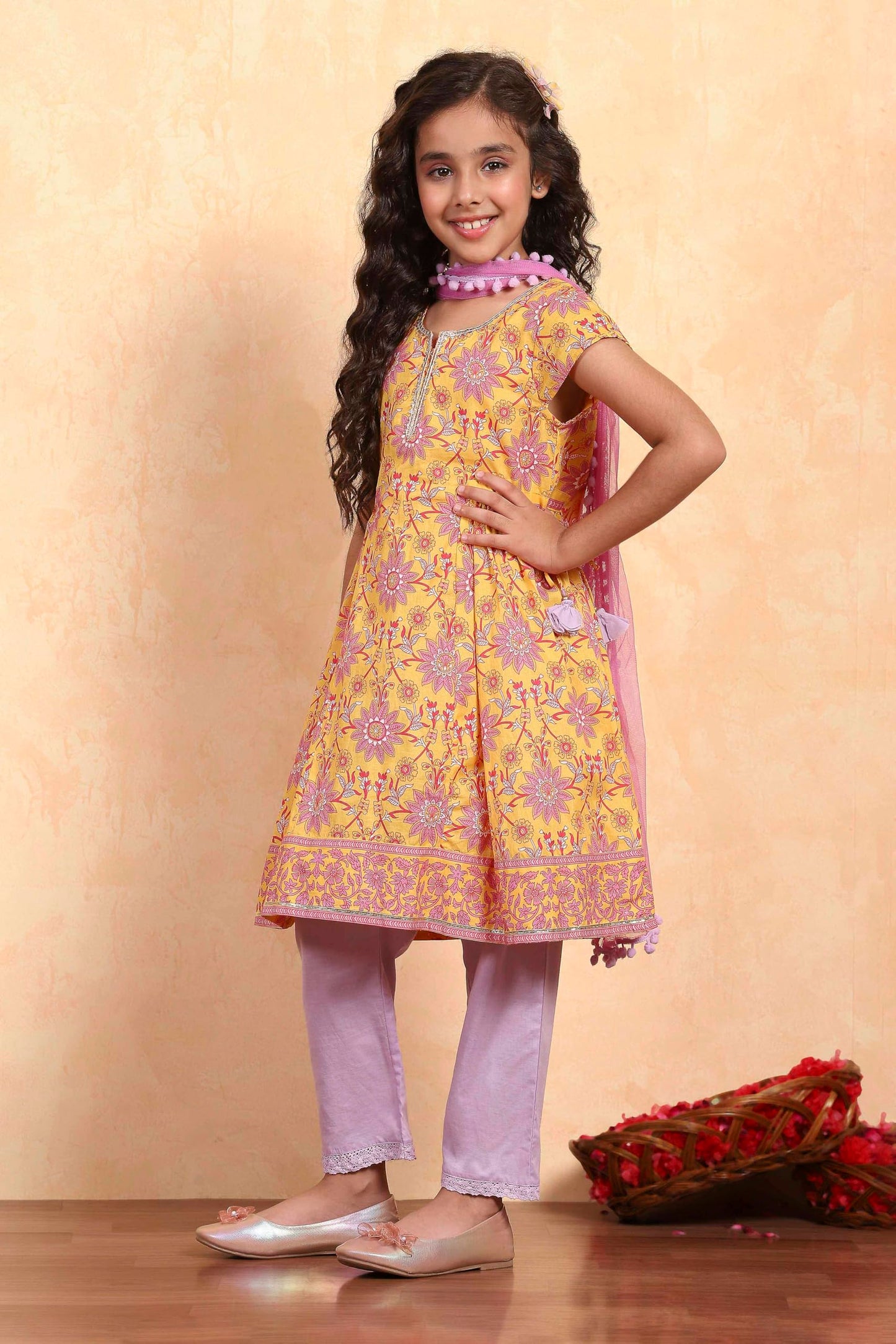 Biba Girl's Yellow Cotton Flared Printed Suit Set