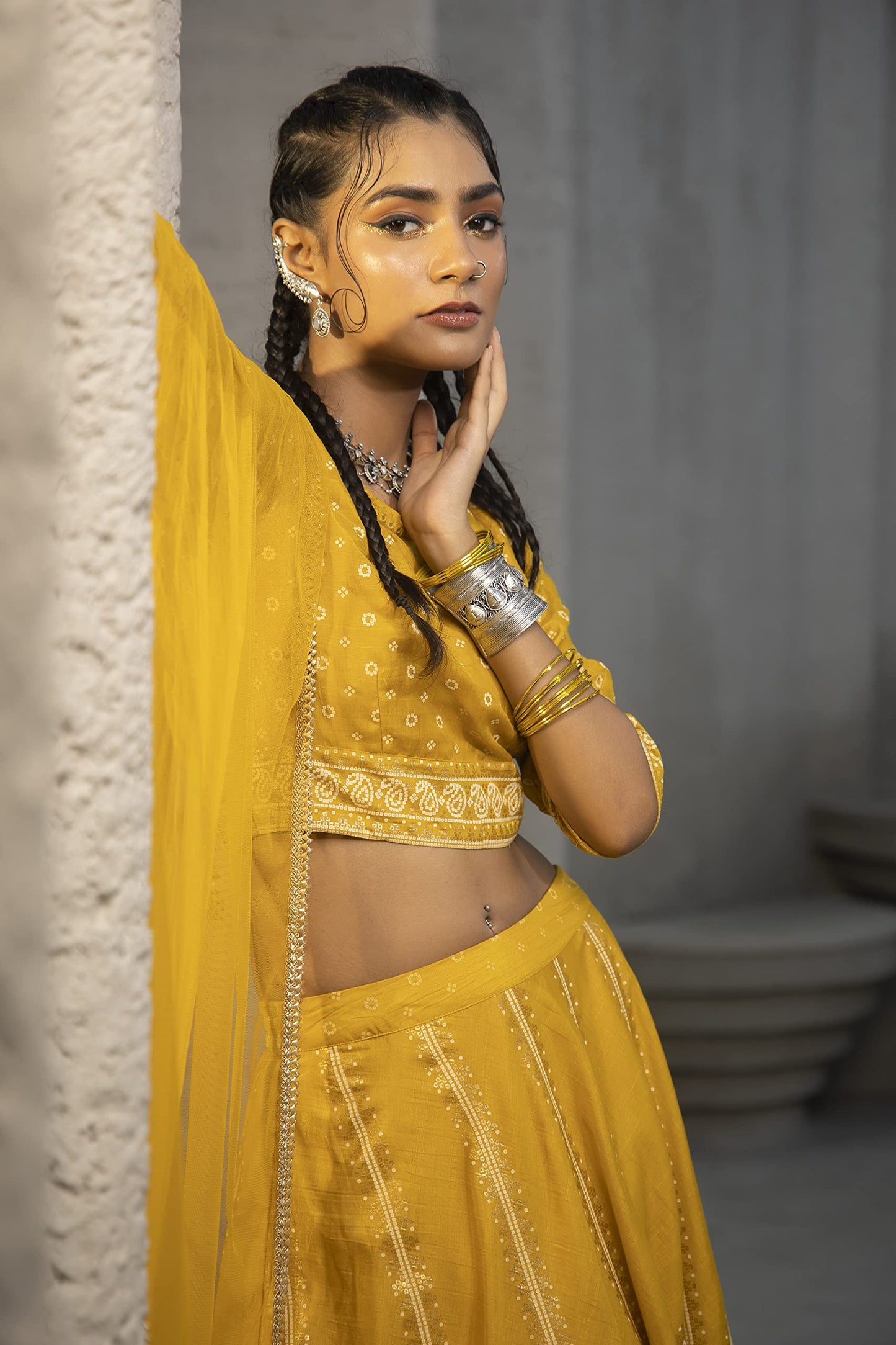 Juniper Women's Mustard Santoon Slub Festive Printed Crop Lehenga Choli Dupatta Set-XXL