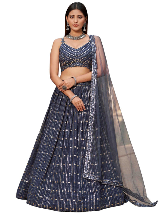 Zeel Clothing Women's Sequins and Thread with Mirror Paper Embroidery Georgette Lehenga Choli with Dupatta (6014-Grey-Wedding-Stylish-Latest; Free Size)