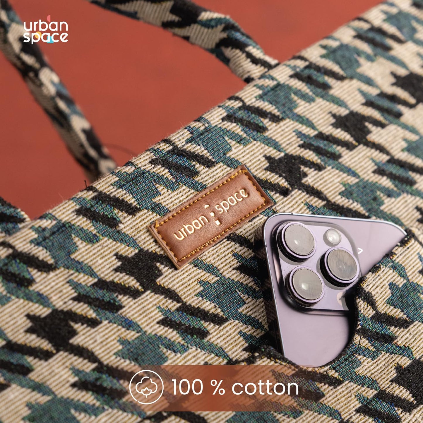 Urban Space Women Canvas Tote Bag, Stylish & Multisection Cotton Jacquard Handbag with Zip closure, Handcrafted Padded Laptop Bag for 16" laptop | Shopping Shoulder Bag - Houndstooth