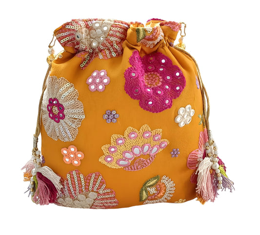 DUCHESS Women's Embroidered Polti Bag with Pearl Handle and Tassel - Bridal Ethnic Traditional Casual Purse/Clutch/Handbag, (21 L X 2 W X 23 H C, Mustard Yellow)