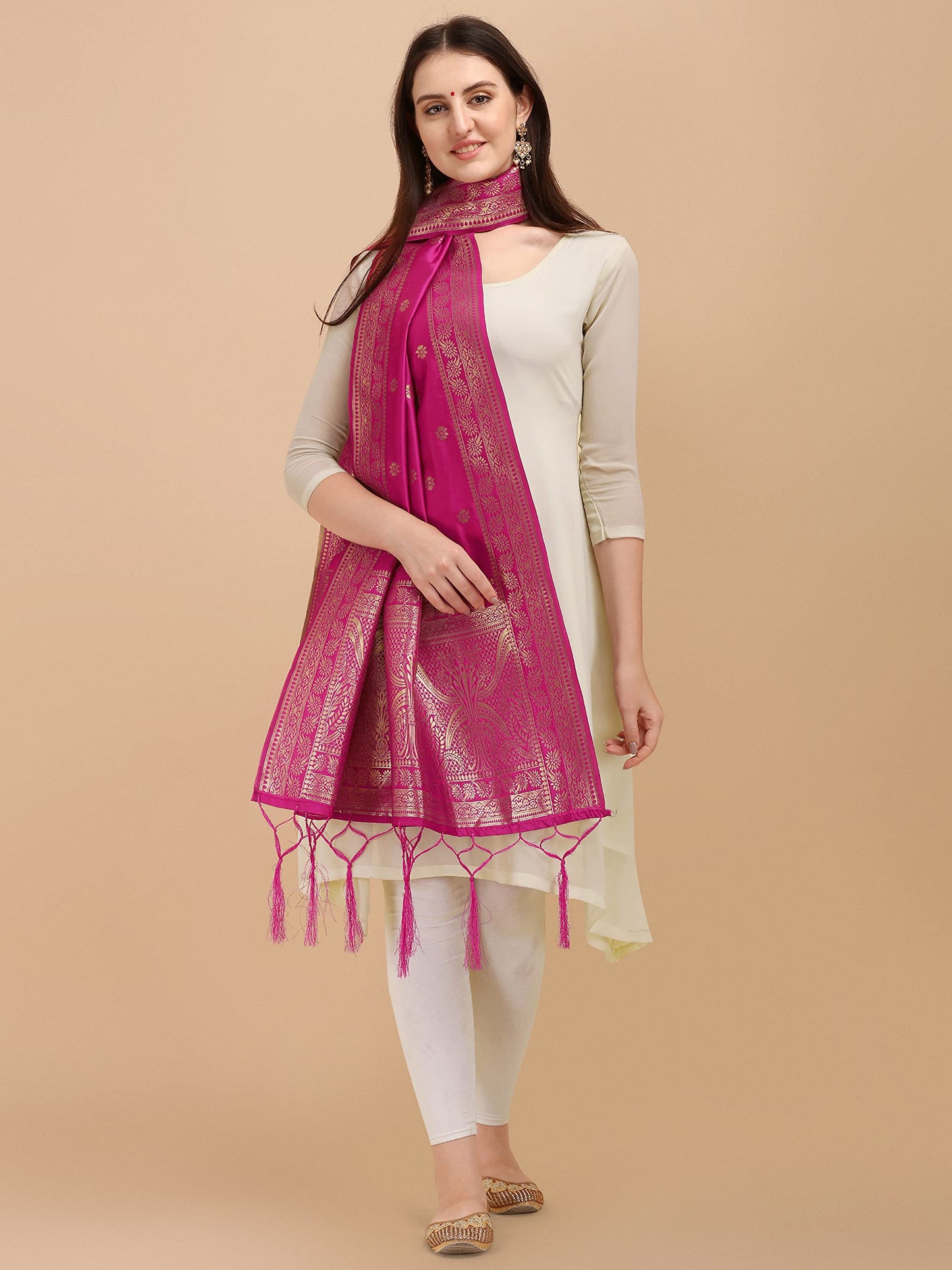 DEVANGI Women's Woven Banarasi Silk Zari Dupatta/Chunni, Width 1 Meter, Length 2.5 Meter (OM-DT-06-RANI)